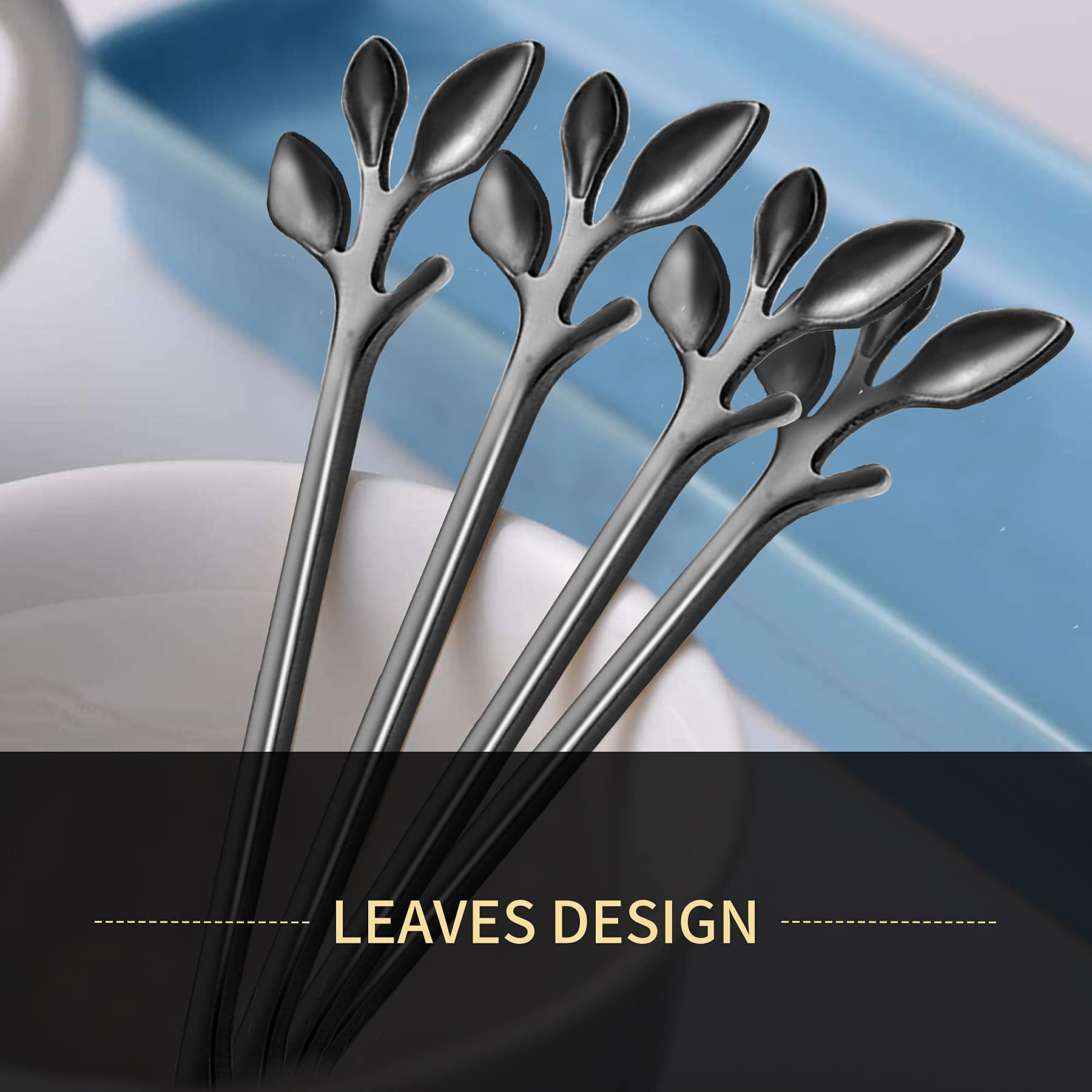 iFeico 5-Piece Black Stainless Steel Dessert Forks Set - 4.7 Inch Elegant Leaf Design Appetizer Forks for Cake, Fruit, Cocktails - Perfect for Wedding, Party, Kitchen & Tableware Decor