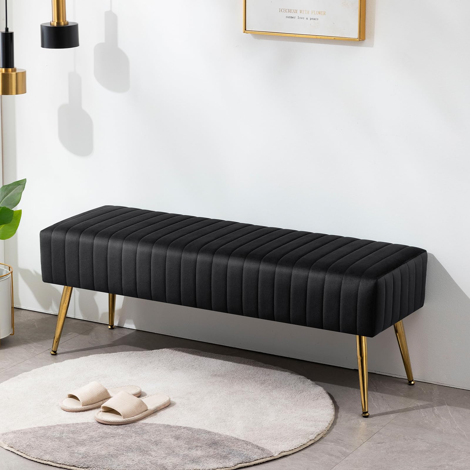 Furniliving 44 Inch Upholstered Tufted Striped Fabric Ottoman Bench with X-Shaped Metal Legs - Solid Wood Bedroom Bench for Living Room, Entryway, Foyer - Perfect for Seating, Storage & Home Decor (Black)