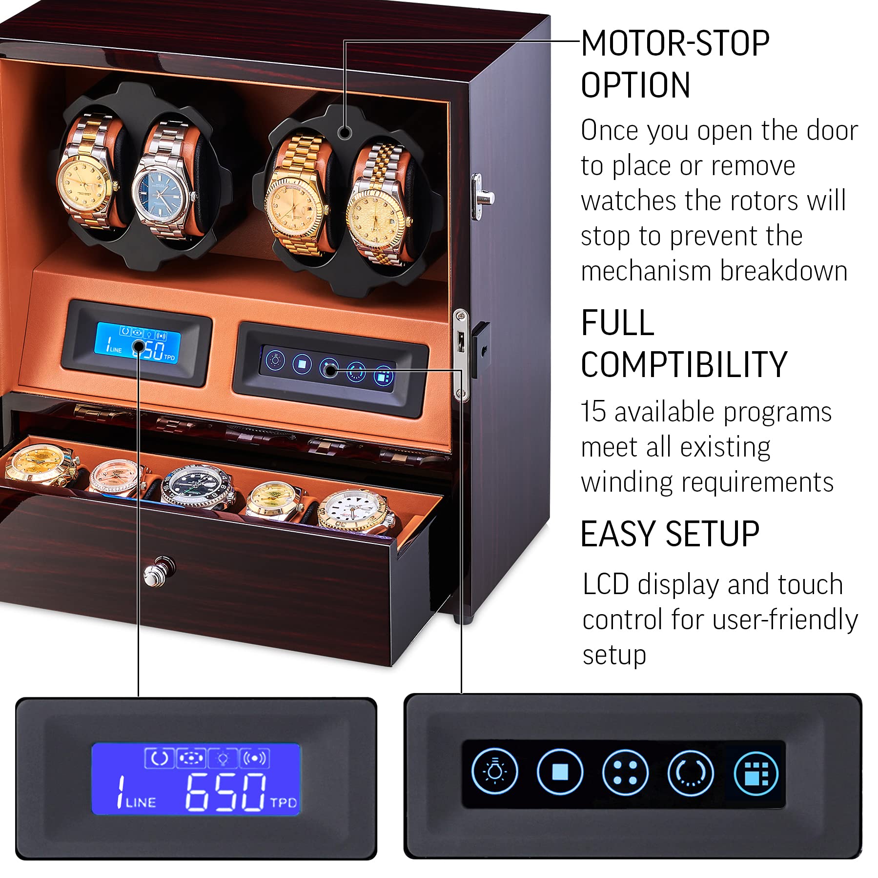4 Watch Winder with 5 Watch Storage Space - LCD Display, Touch Control & LED Interior Light | Automatic Watch Winder for Automatic Watches | Perfect for Watch Collectors & Luxury Watch Storage