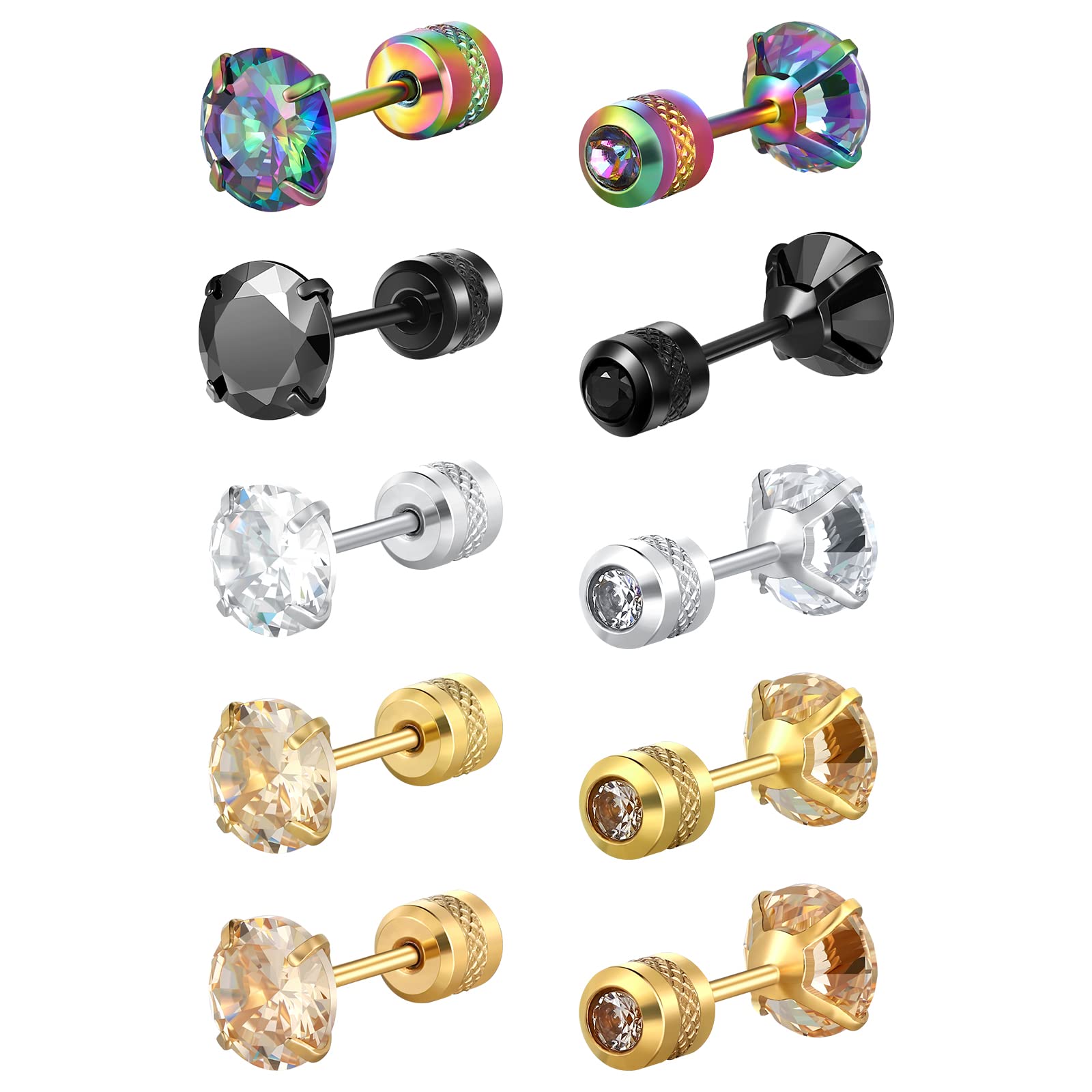 5 Pack Titanium Stud Earrings Screw Back for Women & Men - Hypoallergenic Stainless Steel Tiny Cubic Zirconia Tragus 20G Piercing Jewelry - Sensitive Ears Friendly Simulated Diamond Cartilage Earrings Rainbow Color - Perfect for Daily Wear, Parties & Gifts