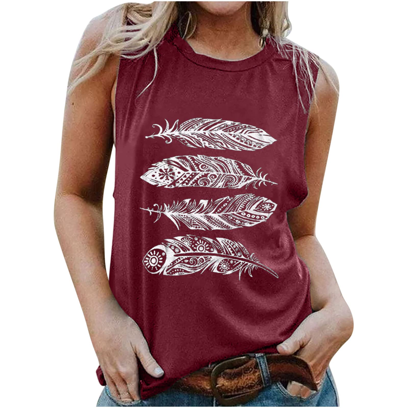 Trendy Women's Summer Tank Tops - Loose Fit Round Neck Sleeveless Blouses with Feather Graphic | Soft Casual Tees for Beach, Vacation & Everyday Wear
