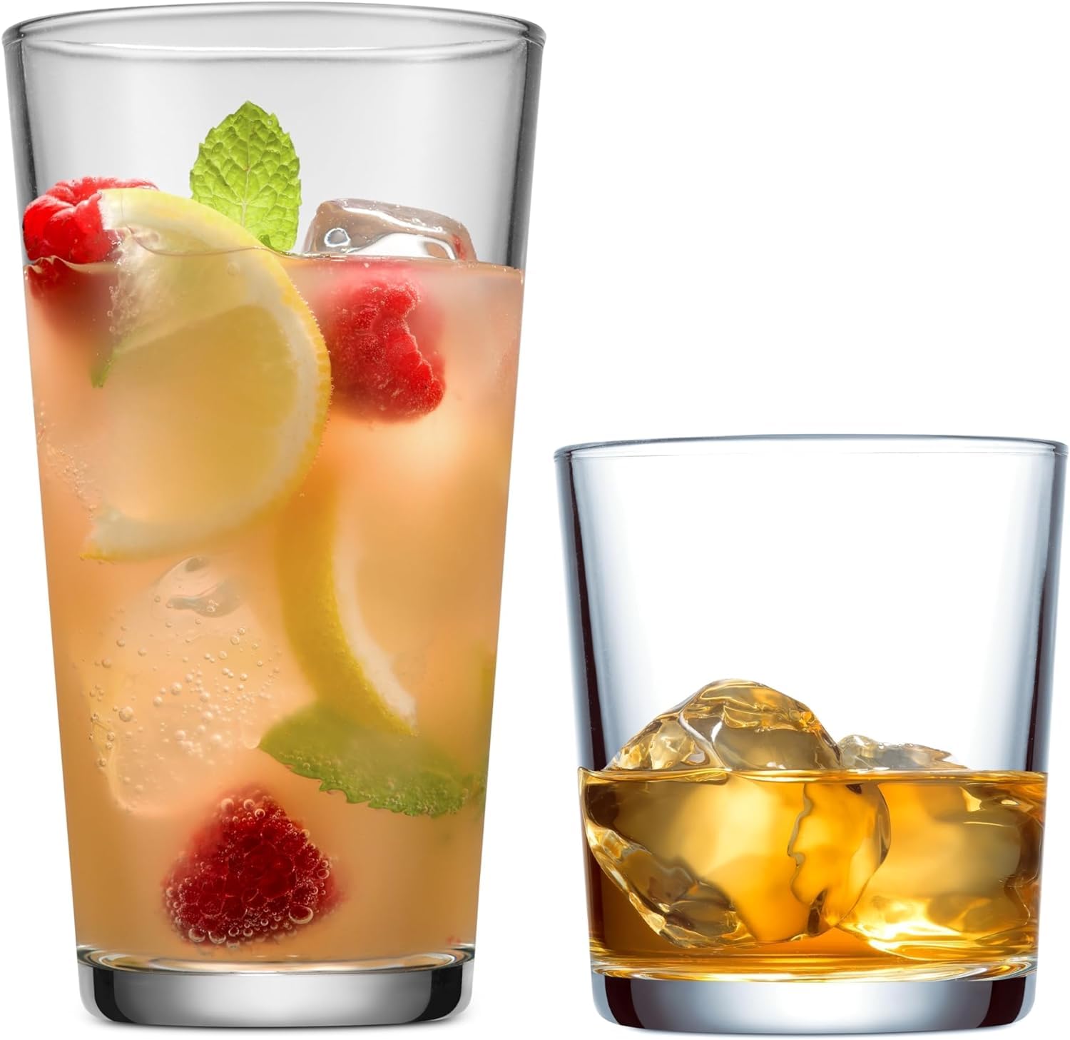 Glaver's 16-Piece Drinking Glasses Set - 8 Highball Glasses (17oz) & 8 Rocks Glasses (13oz) - Perfect for Beer, Water, Juice, Cocktails - Ideal for Parties, Bars, and Home Entertaining
