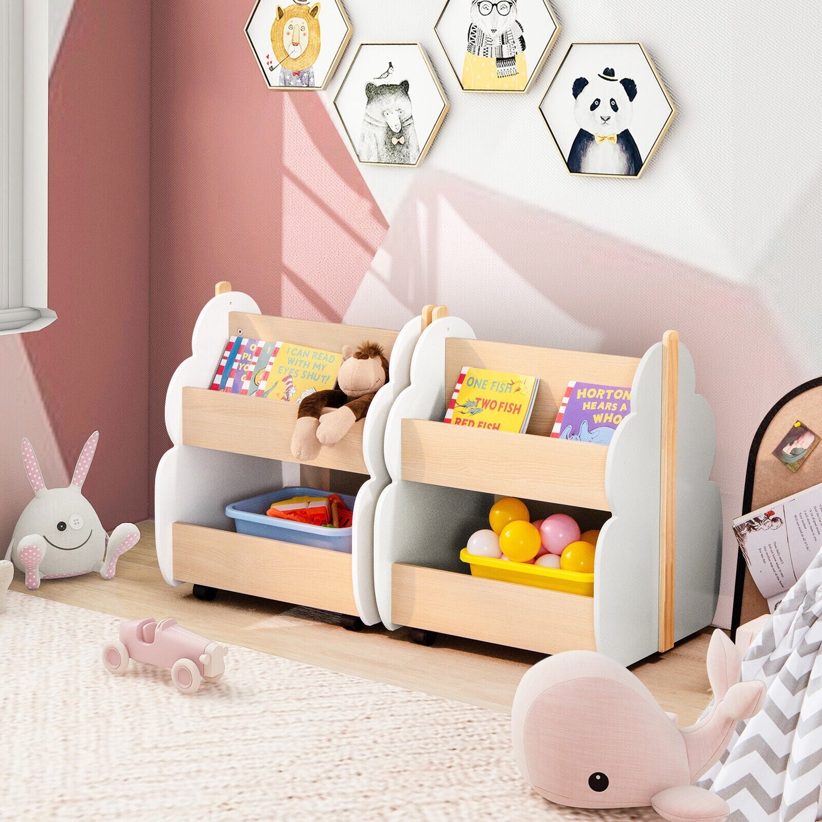 Kids Wooden Bookshelf with Universal Wheels - Sturdy & Mobile Storage for Children's Books, Toys, and Room Decor - Perfect for Bedrooms, Playrooms, and Classrooms
