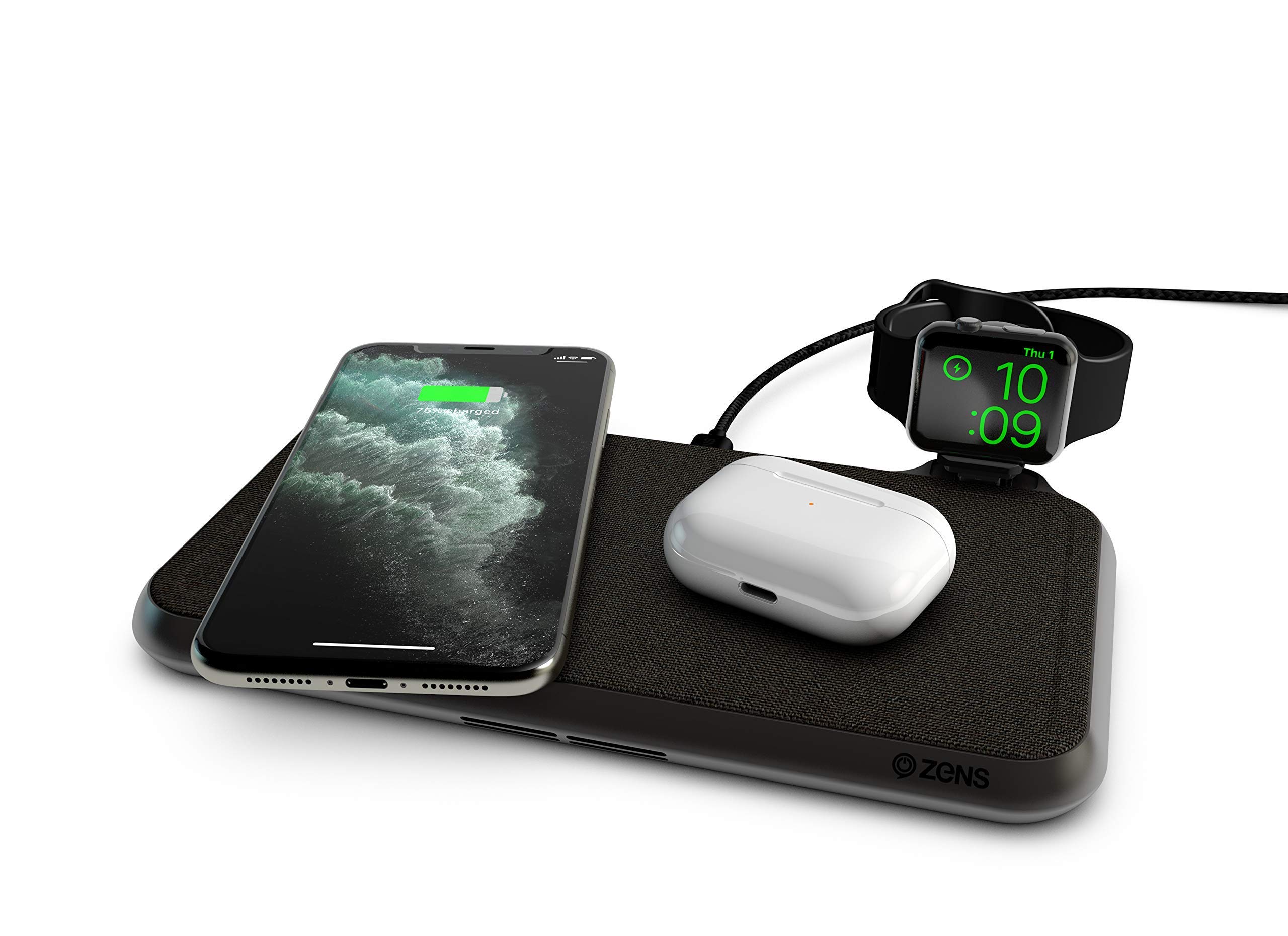 ZENS Liberty 16 Coil Dual Wireless Charging Pad - Fast 15W Charger for iPhone & Samsung - Fabric Surface Qi-Certified Charging Station for Multiple Devices - Perfect for Bedroom, Office & Travel Use