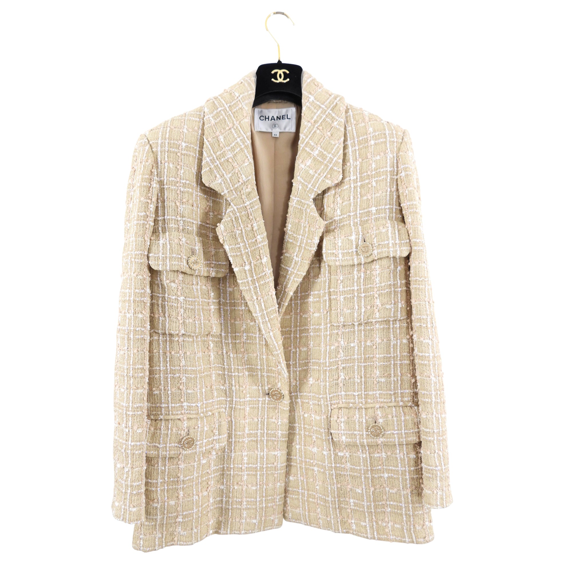 Chanel Spring 2019 Beige & Ecru Iridescent Tweed Blazer Jacket Women's Size FR42 (US 10) - Elegant Office Wear & Special Occasion Outfit