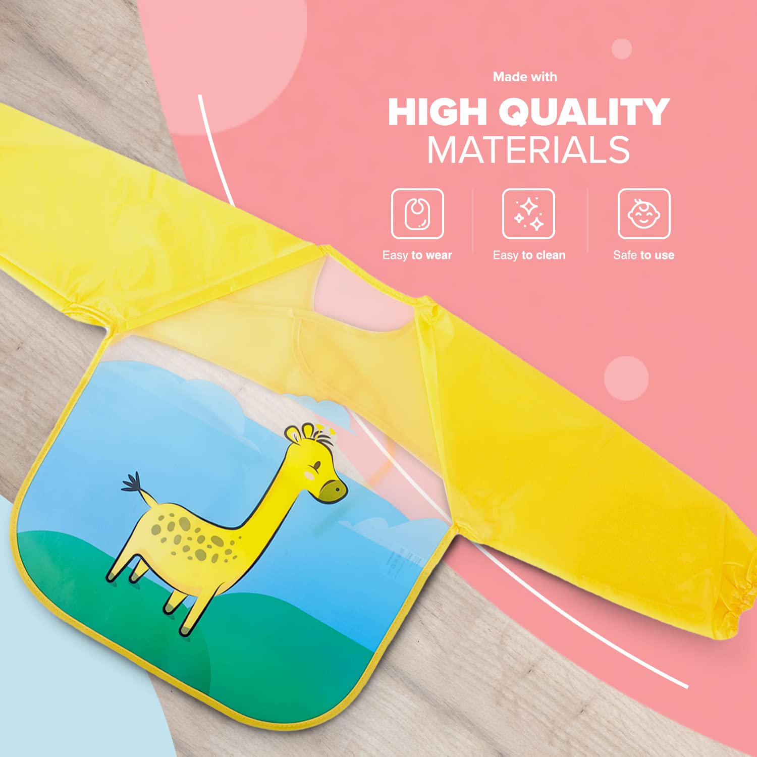 Kidoola Baby Feeding Bibs 4pk - Waterproof Long Sleeve Apron for Infants 6-36 Months | Unisex Weaning Bib with Plastic Coating | Easy Clean for Food, Grease & Drool Protection | Perfect for Messy Meals & Toddler Self-Feeding