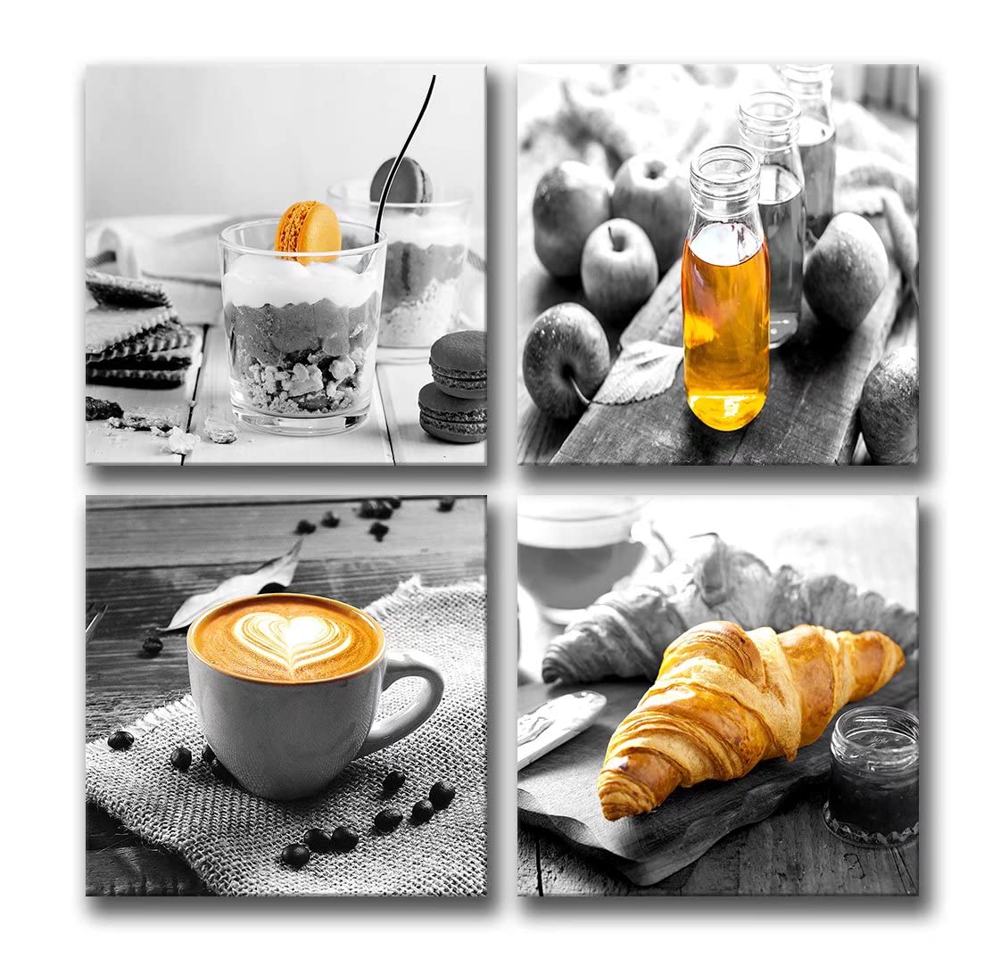 Modern Black and White Coffee Canvas Painting Set - 12x12 Inch Framed Wall Art for Kitchen, Bakery & Cafe Decor (4-Piece) - Perfect for Breakfast Nook, Dining Room & Coffee Shop Ambiance