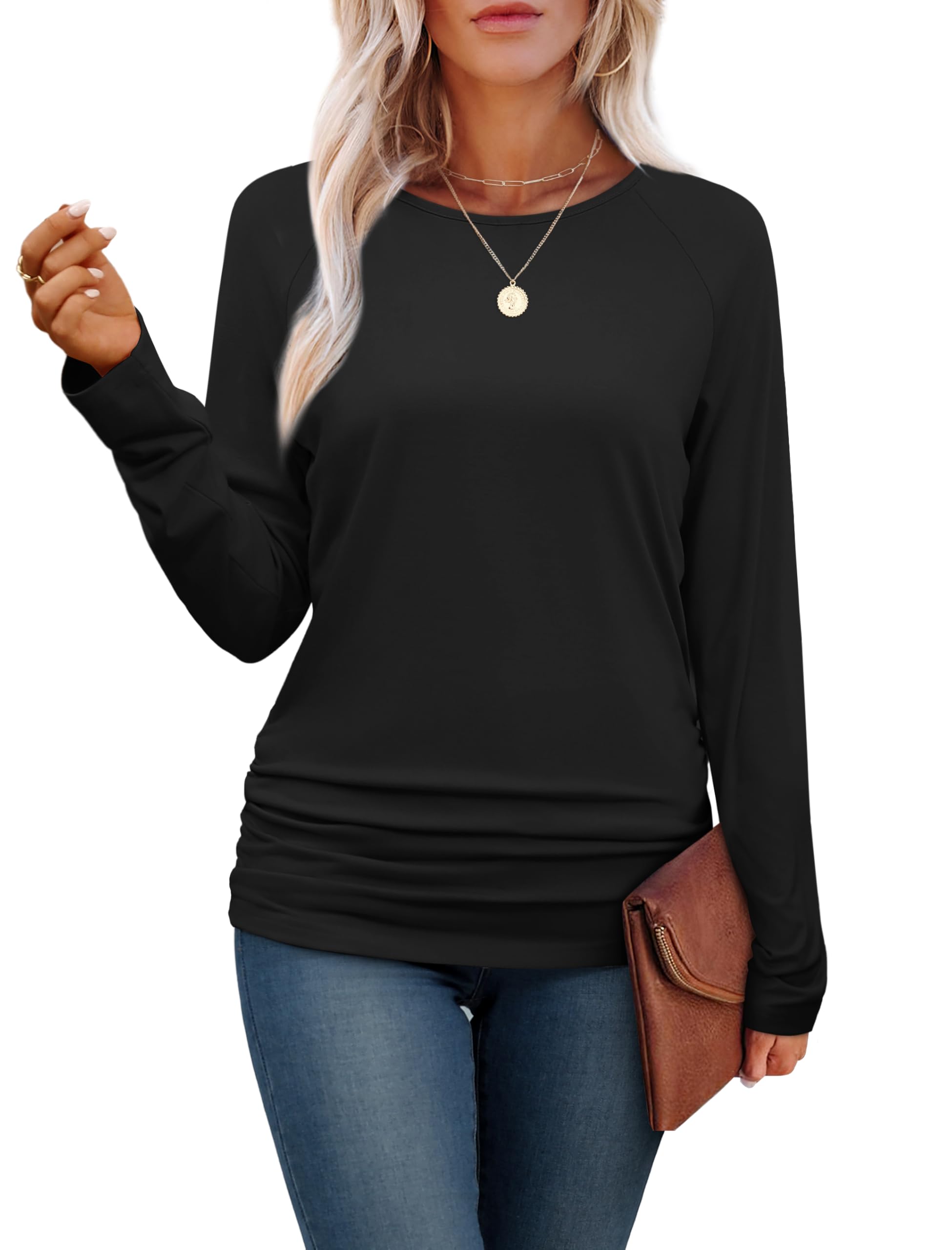 Elegant Women's Long Sleeve Pleated Button-Down Shirt - Crewneck Dressy Casual Top for Work, Office & Everyday Wear | Saloogoe