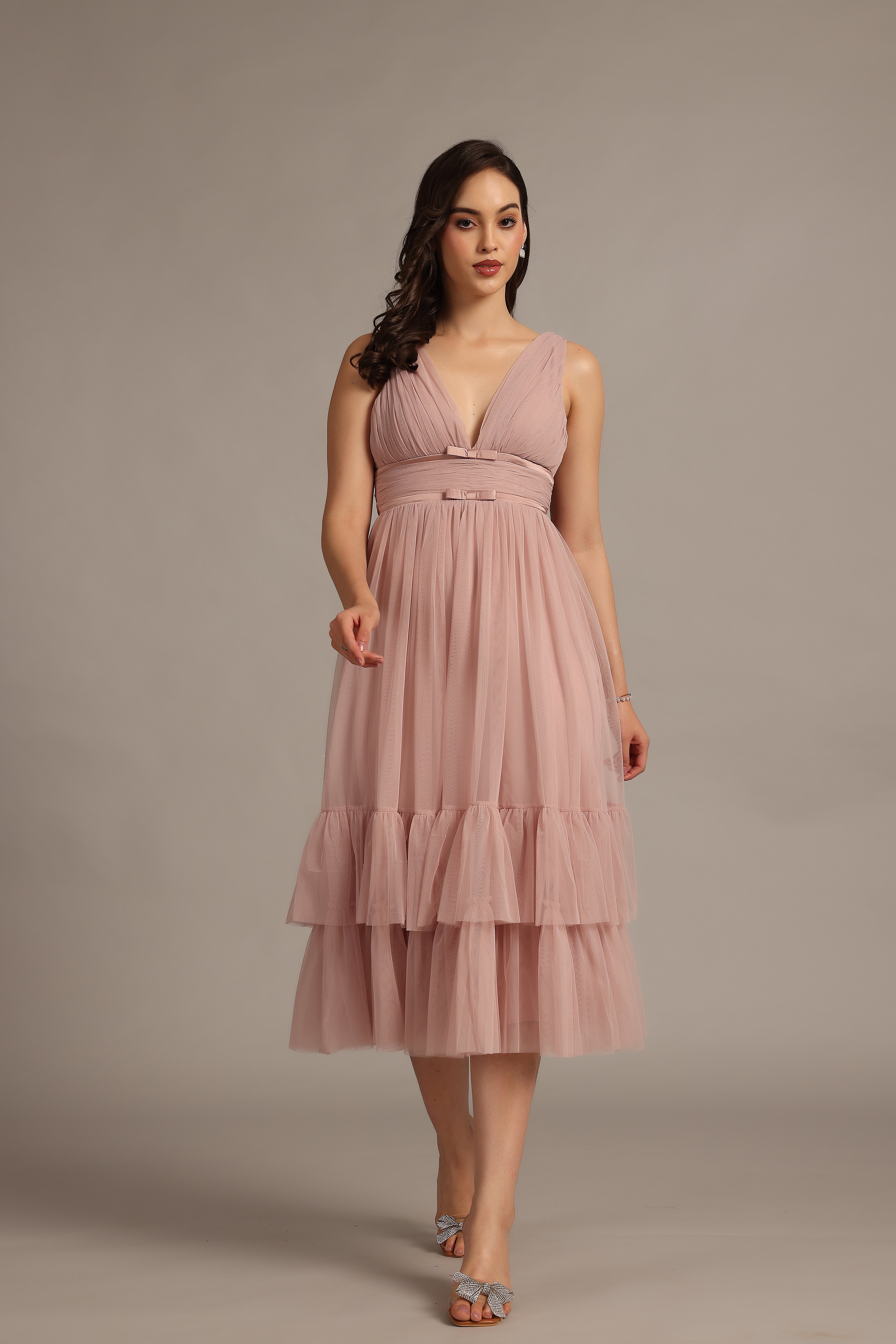 Nymeria Soft Pink Midi Dress - Elegant Flowy Women's Summer Dress for Weddings, Parties & Casual Outings