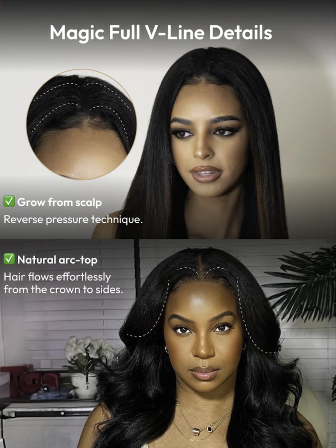 KLAIYI Ombre Brown V Part Human Hair Wig - Yaki Straight 24 Inch Glueless U Part Wig with Dark Roots, No Glue No Lace, Easy Wear & Go for Beginners | Perfect for Daily Wear, Parties, Cosplay & Protective Styling
