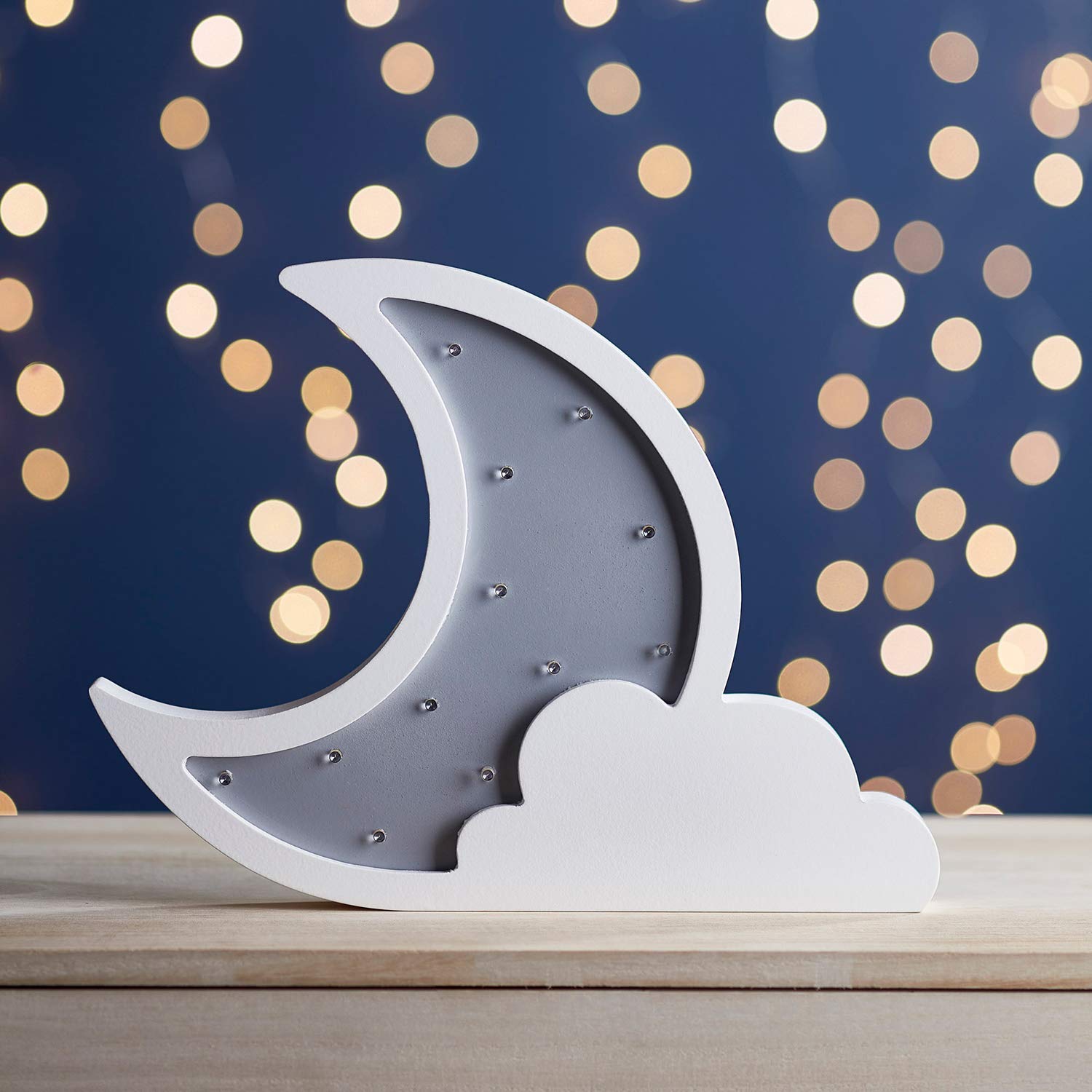 Wooden Moon & Cloud Night Light - Battery Operated LED Table & Wall Lamp with Timer, Warm White - Perfect for Nursery, Bedroom, or Home Decor Ambiance