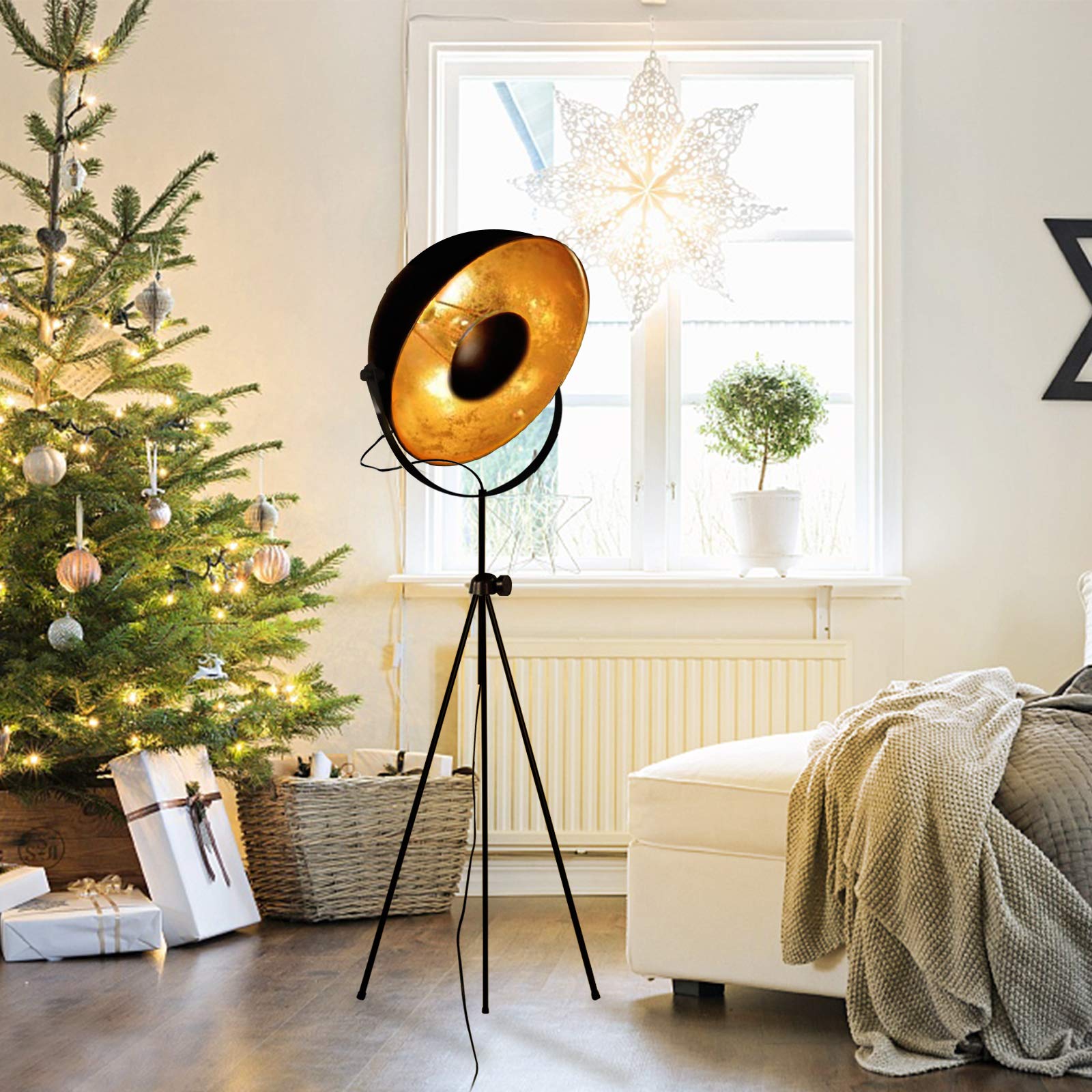 Modern Vintage Industrial Tripod Stand LED Floor Lamp with Large Shade - Adjustable Height Reading Light, 24