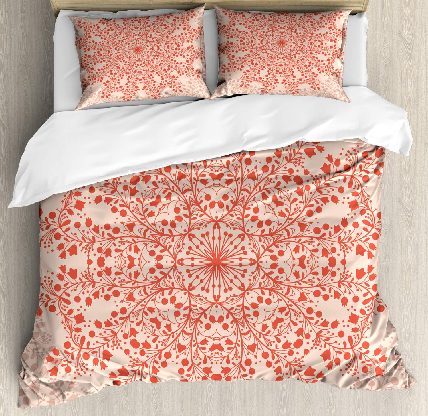 Ambesonne Mandala Duvet Cover Set - Bohemian Wild Flower & Twig Round Bouquet Pattern, 2-Piece Cal King Bedding Set with 4 Pillowcases (Peach Salmon) for Master Bedroom & Guest Room Decor