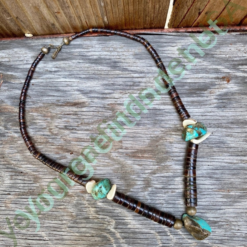 Vintage Navajo Beaded Necklace with Brown Heishi and Turquoise Stone - Handmade Native American Jewelry for Women, Boho Chic Accessory for Festivals & Special Occasions