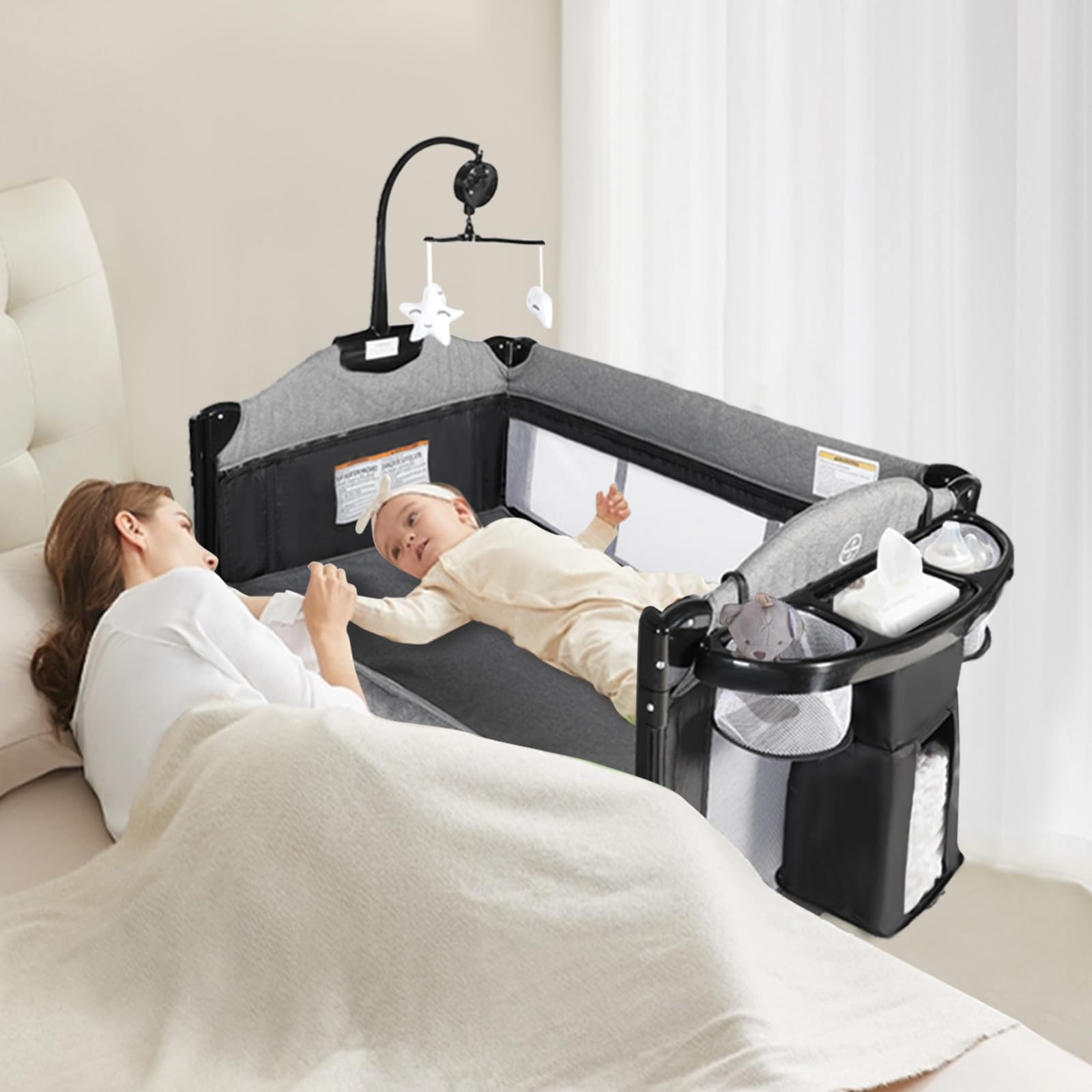 Kinder King 4-in-1 Portable Nursery Center | Foldable Baby Bassinet & Playard with Changing Table & Storage Basket | Perfect for Newborns to Toddlers | Ideal for Bedside Sleeping, Playtime & Diaper Changes