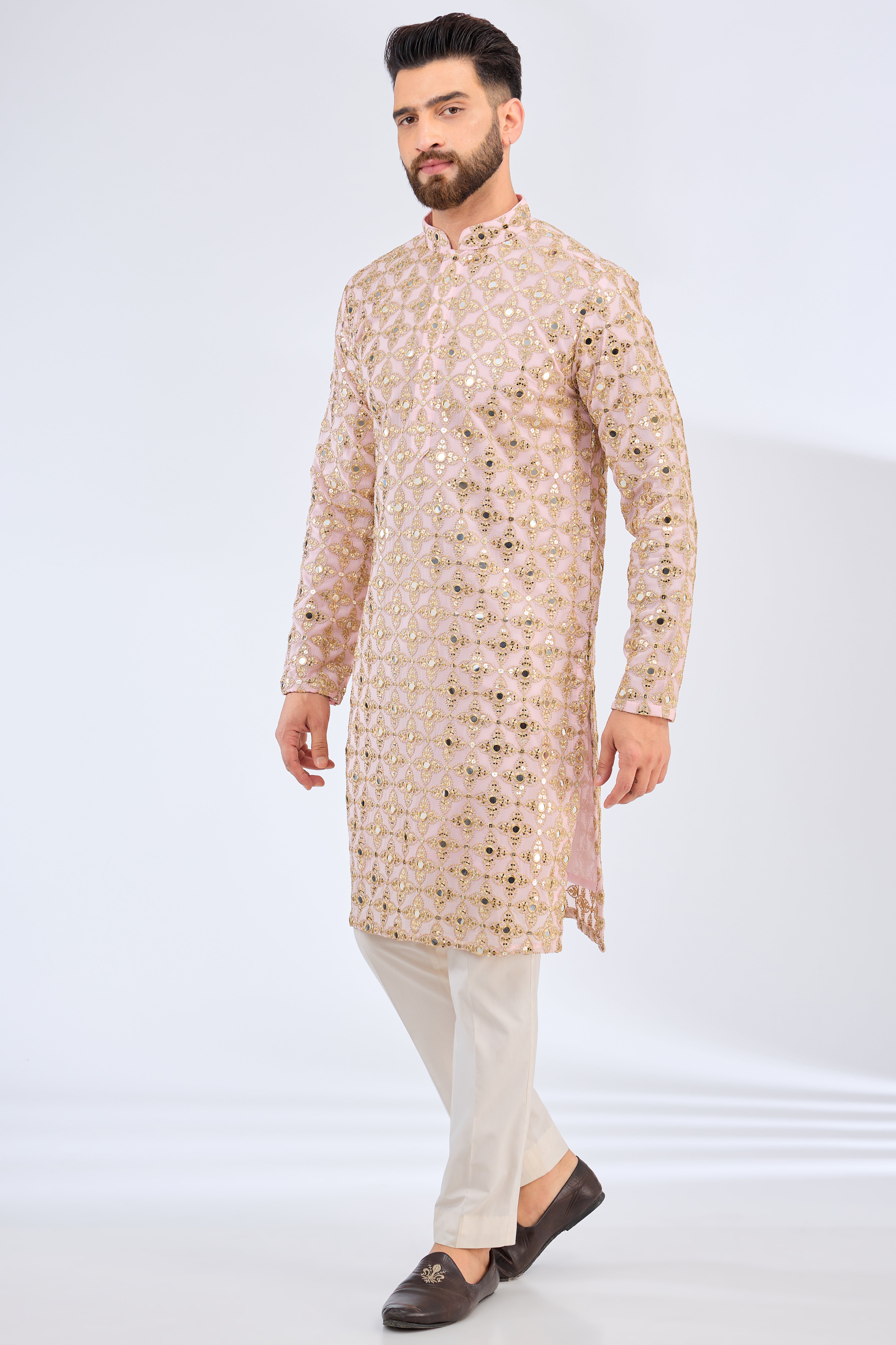 Elegant Pink Mirror Work Kurta with Zari Embroidery - Traditional Indian Ethnic Wear for Women, Perfect for Festivals, Weddings & Special Occasions
