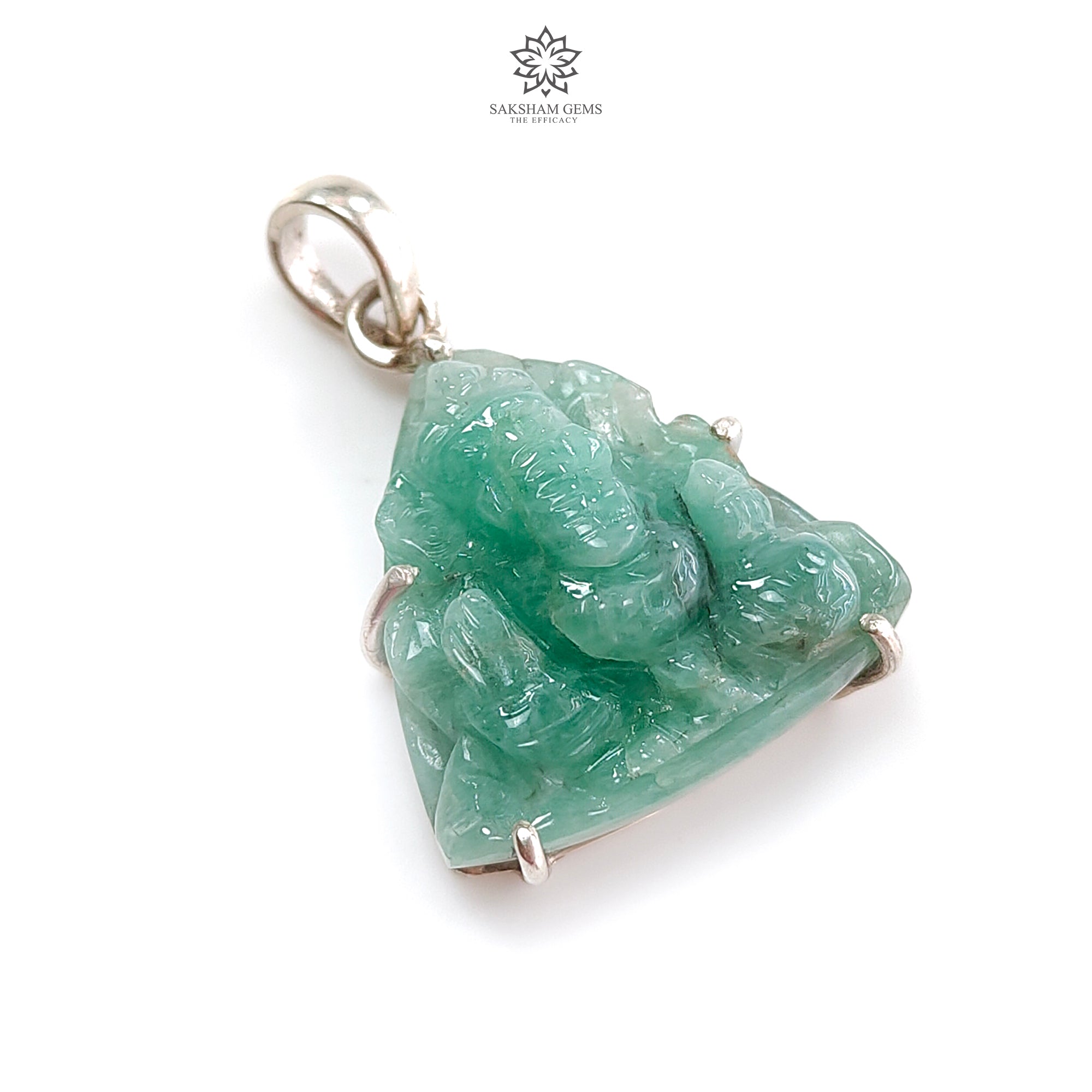 Natural Untreated Green Emerald Ganesha Pendant - 6.59gms 925 Sterling Silver Prong Set Lord Ganesha Idol Jewelry for Meditation & Spiritual Protection | Perfect for Yoga, Prayer & Gift Giving