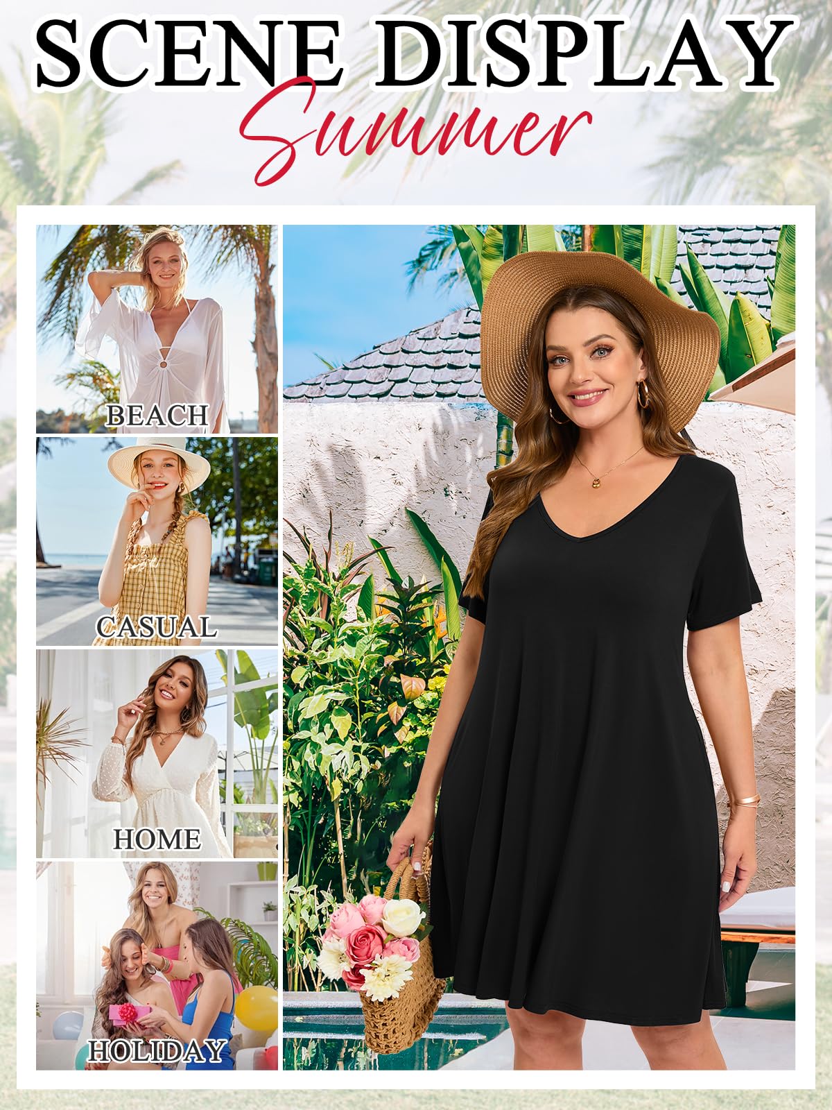 ZENNILO Women's Plus Size Swing Dress with Pockets - Casual Summer V-Neck Short Sleeve T-Shirt Dress for Women | Perfect for Beach, Vacation & Everyday Wear