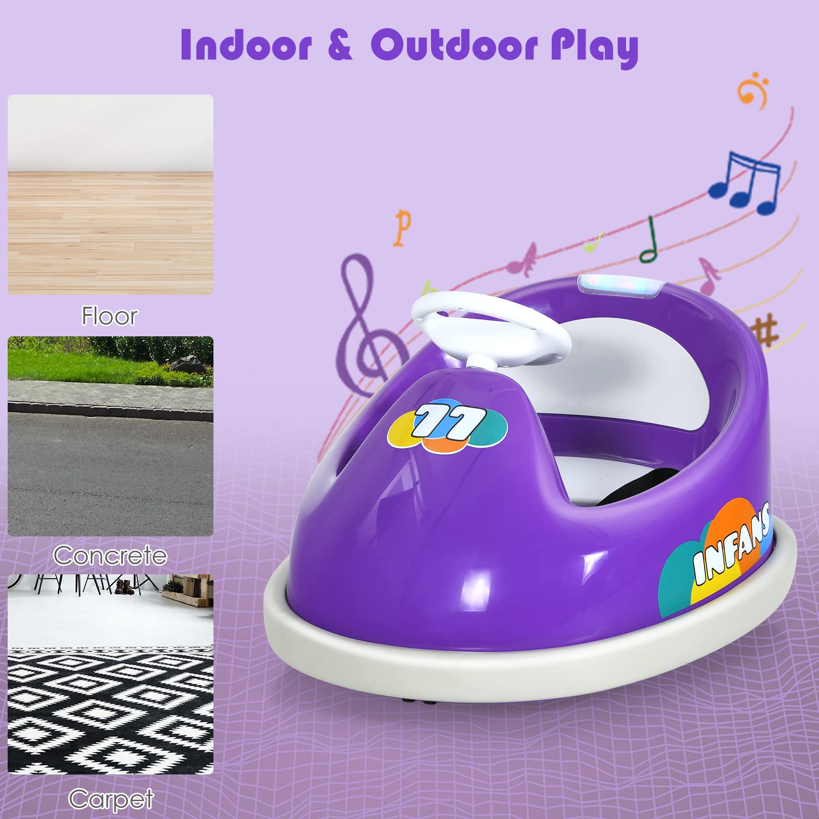 INFANS 6V Kids Electric Ride On Car with 360° Spin, Remote Control, LED Lights & Bluetooth - Rechargeable Bumper Toy Vehicle for Boys & Girls (Purple) | Perfect for Indoor Play, Backyard Fun & Birthday Gifts