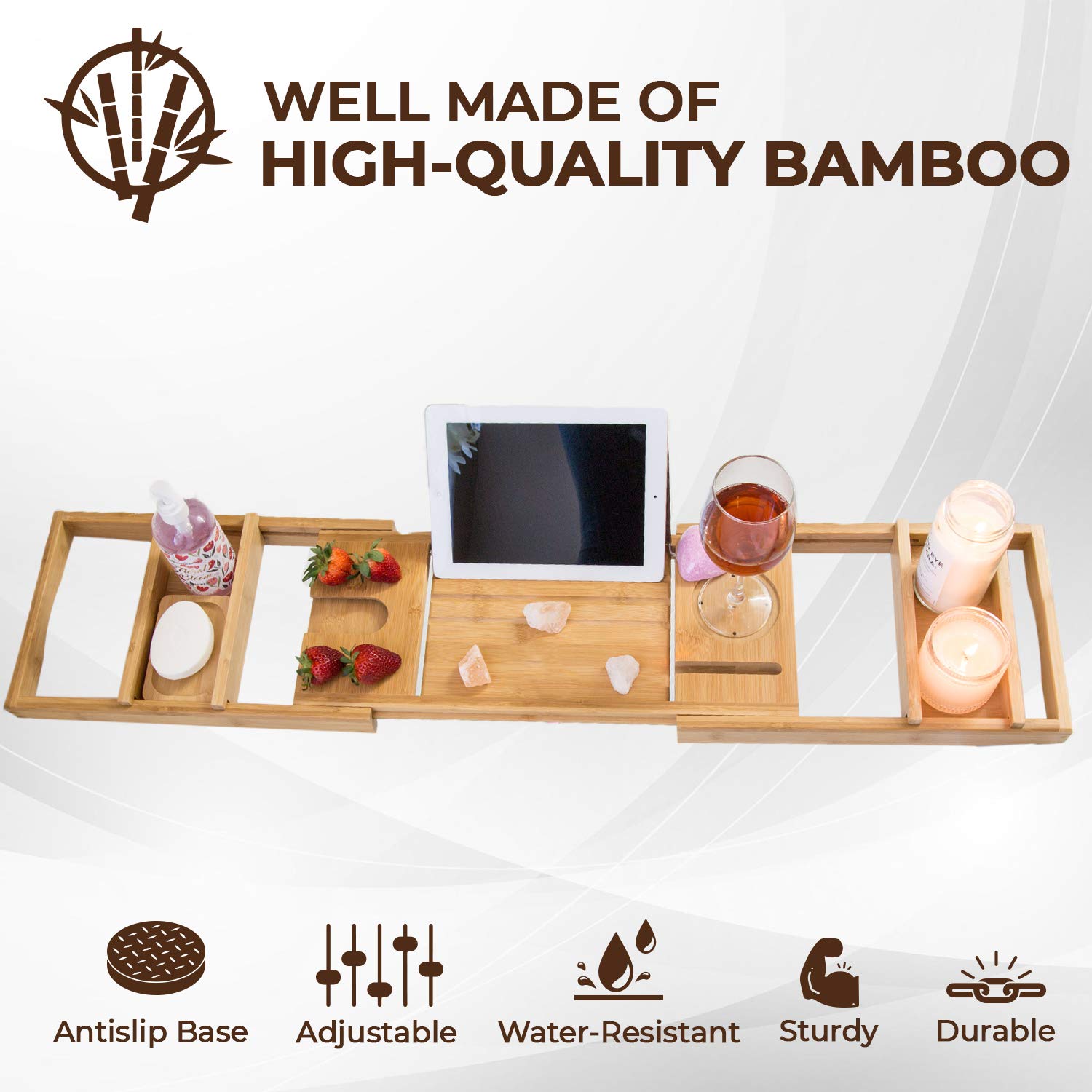Premium Bamboo Bathtub Tray Caddy - Expandable Foldable Bath Tray for Relaxation - Unique Housewarming, Anniversary & Wedding Gift for Couples - Perfect for Reading, Wine, Candles & Spa Nights