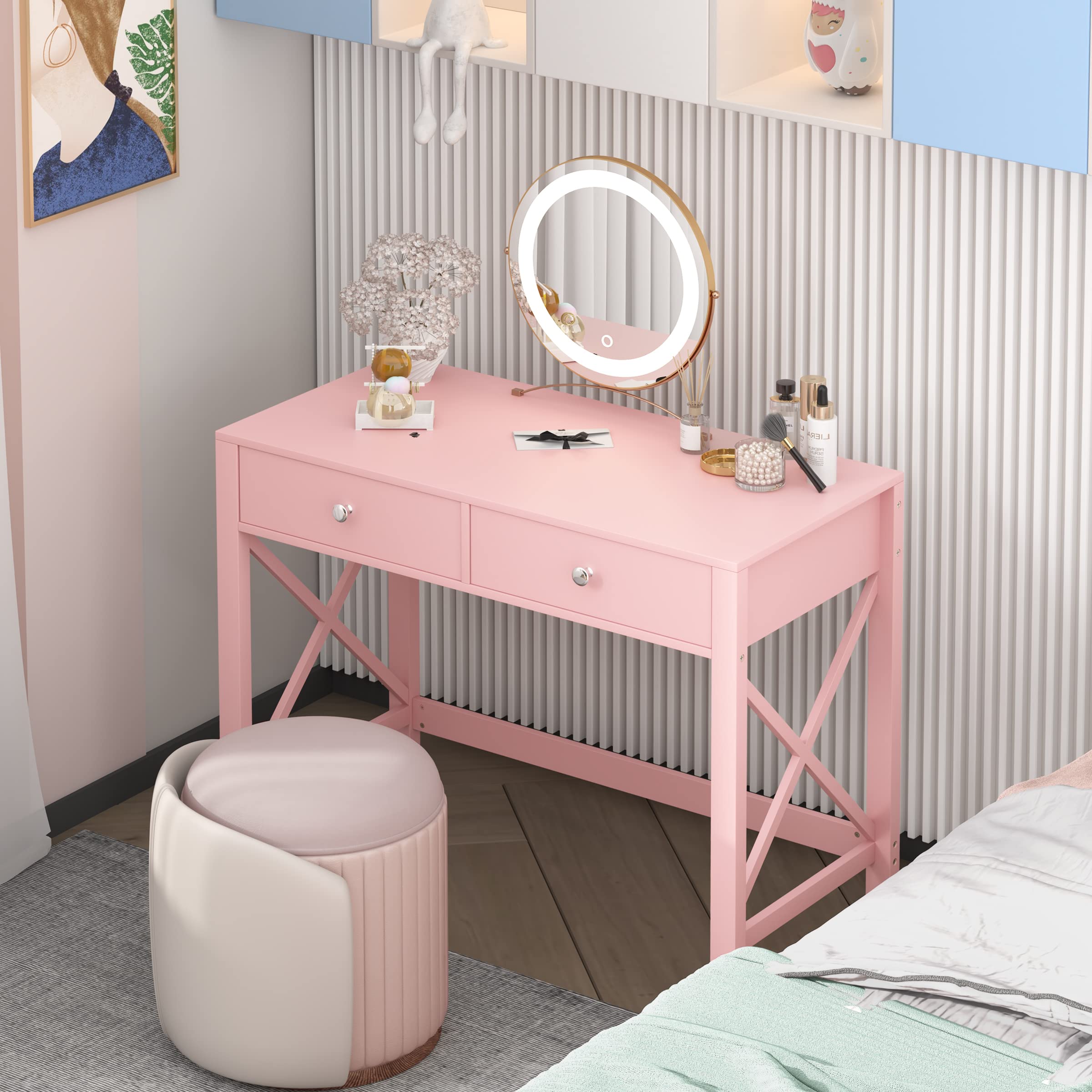 Modern Pink Home Office Desk with Drawers - WiberWi Small Writing Computer Desk & Study Table for Bedroom, Girls Makeup Vanity | Perfect for Remote Work, Online Classes & Beauty Routine Organization