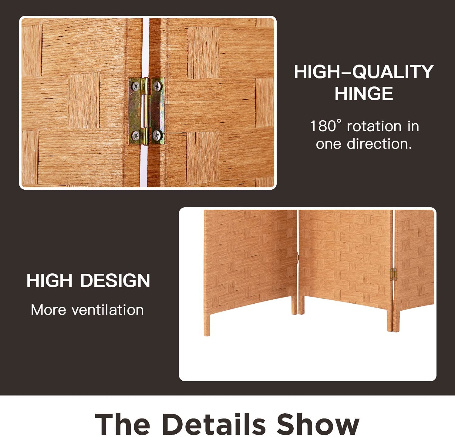 4 Panel Wooden Room Divider Privacy Screen - 72 Inch Folding Partition with Rattan Woven Design - Handcrafted Portable Wall Divider for Office, Patio, Bedroom, and Living Room - Natural Finish for Home & Commercial Spaces