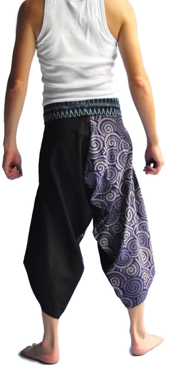 Thai Fisherman Pants for Men - Samurai Style Cotton Pants with Black & Blue Circle Design | Loose Fit Yoga, Meditation & Lounge Wear