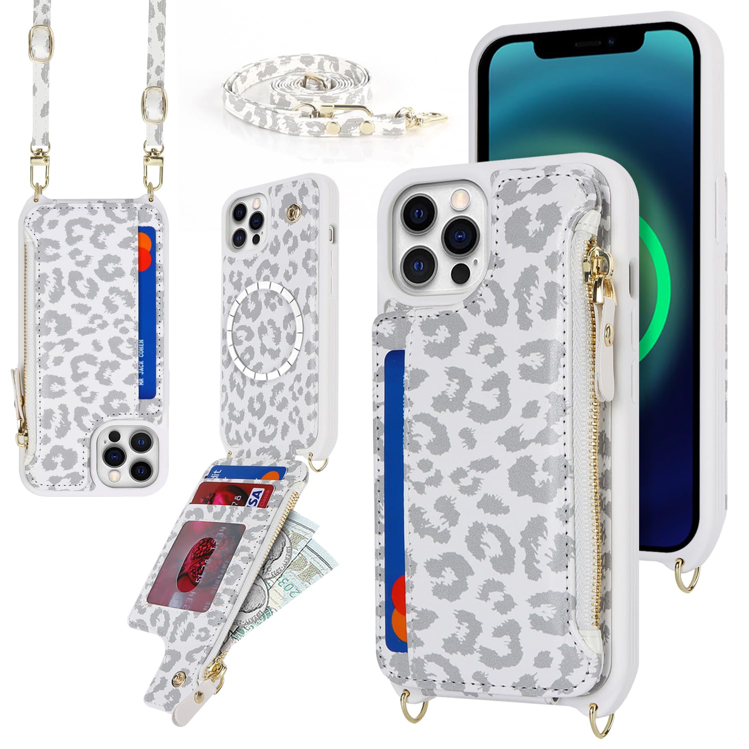 Premium Magnetic Wallet Case for iPhone 12/12 Pro - Slim Protective Cover with Card Holder & Crossbody Strap | Magsafe Compatible | Leopard White Design | Perfect for Women's Everyday Use, Travel & Shopping