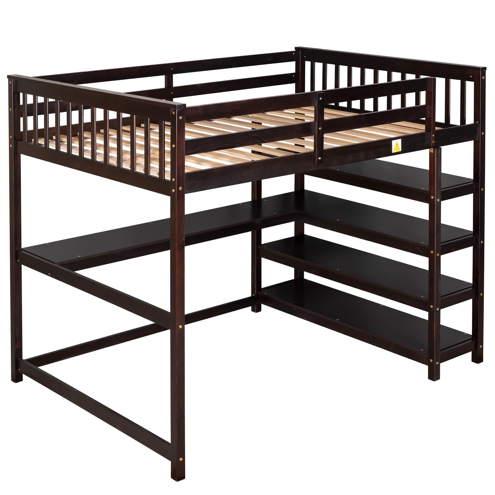 Full Size Loft Bed with Desk & Storage Shelves - Sturdy Wood Frame with Safety Guardrail & Ladder for Kids, Teens & Adults - No Box Spring Needed - Espresso Finish - Perfect for Small Bedrooms, Dorms & Space-Saving Kids Rooms