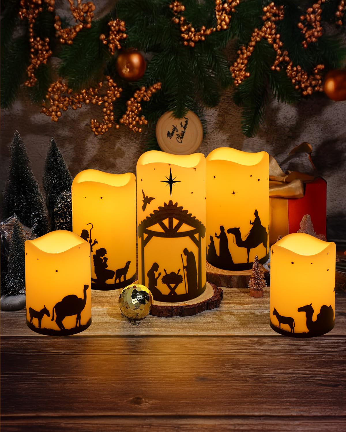 5-Pack Battery Operated LED Flameless Christmas Candles with Timer - Nativity Scene Religious Pillar Candles for Indoor Holiday Decor, Home Christmas Tree, Church & Tabletop Decorations