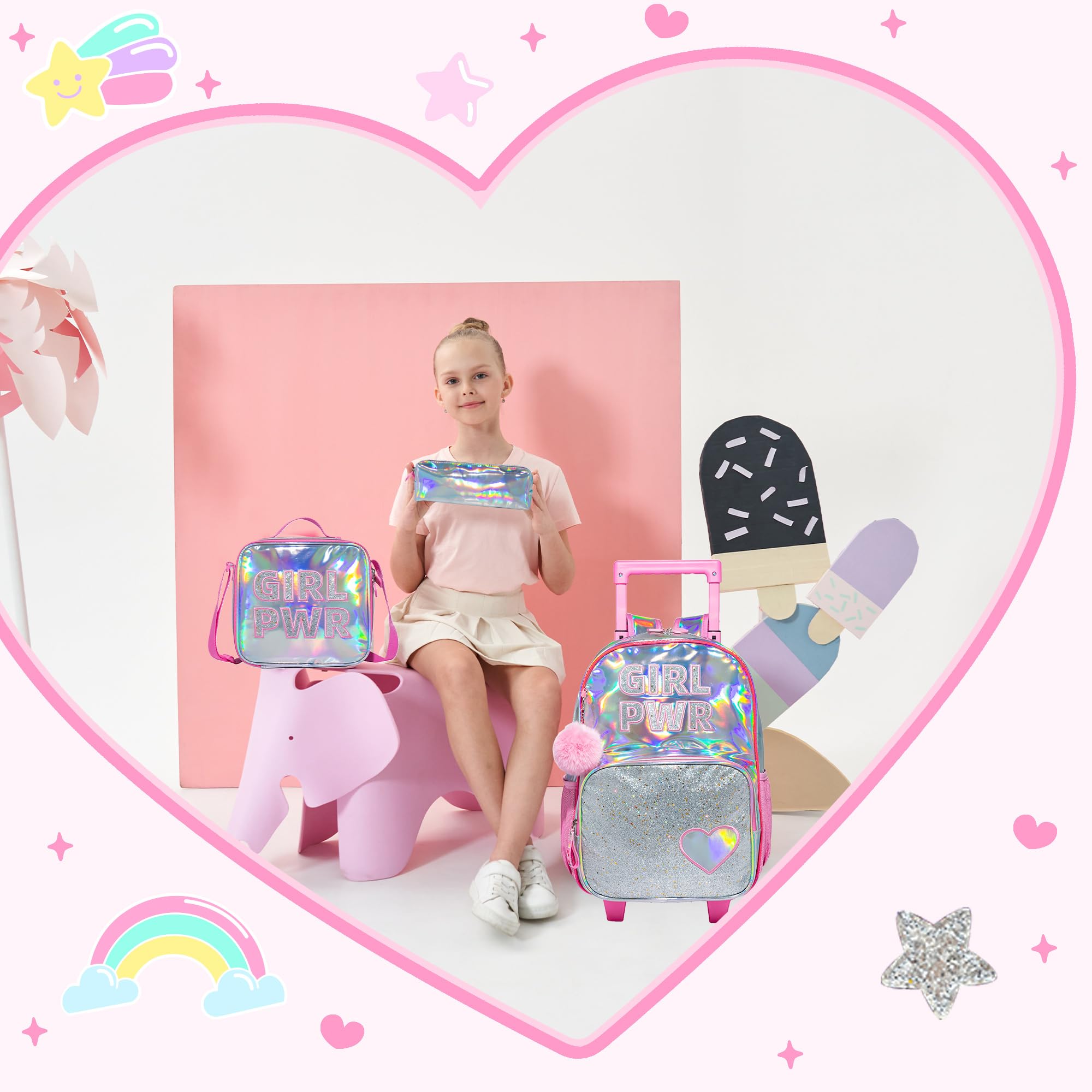**Rolling Backpack for Girls - Kids Wheeled Backpack with Lunch Bag for Elementary & Kindergarten - Durable Carry-On Luggage for School, Travel & Daily Use**