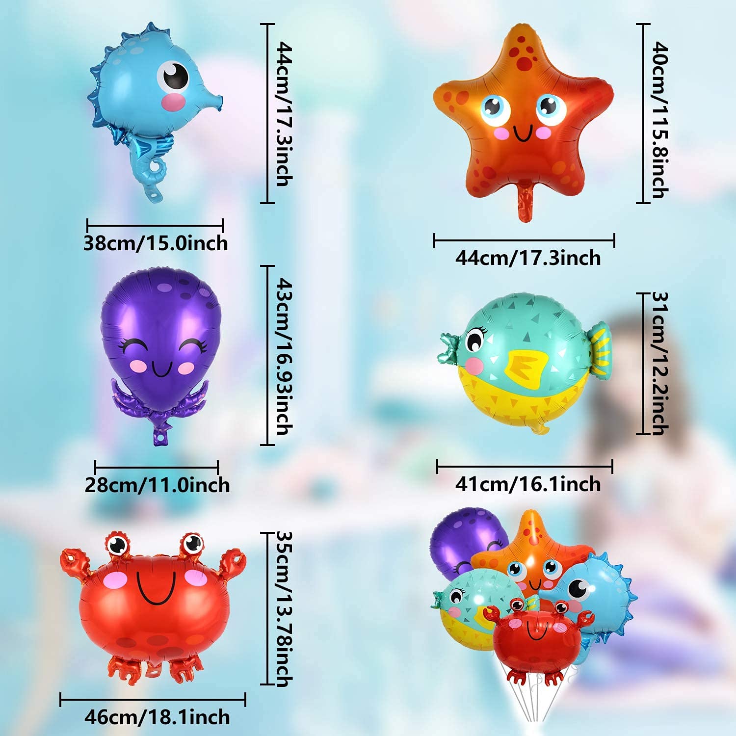 5 Pcs Ocean Animal Foil Balloons - Fish, Octopus, Starfish, Crab & Pufferfish for Kids Birthday Party, Under the Sea Theme Decorations - Perfect for Baby Showers, Pool Parties & Ocean-Themed Events