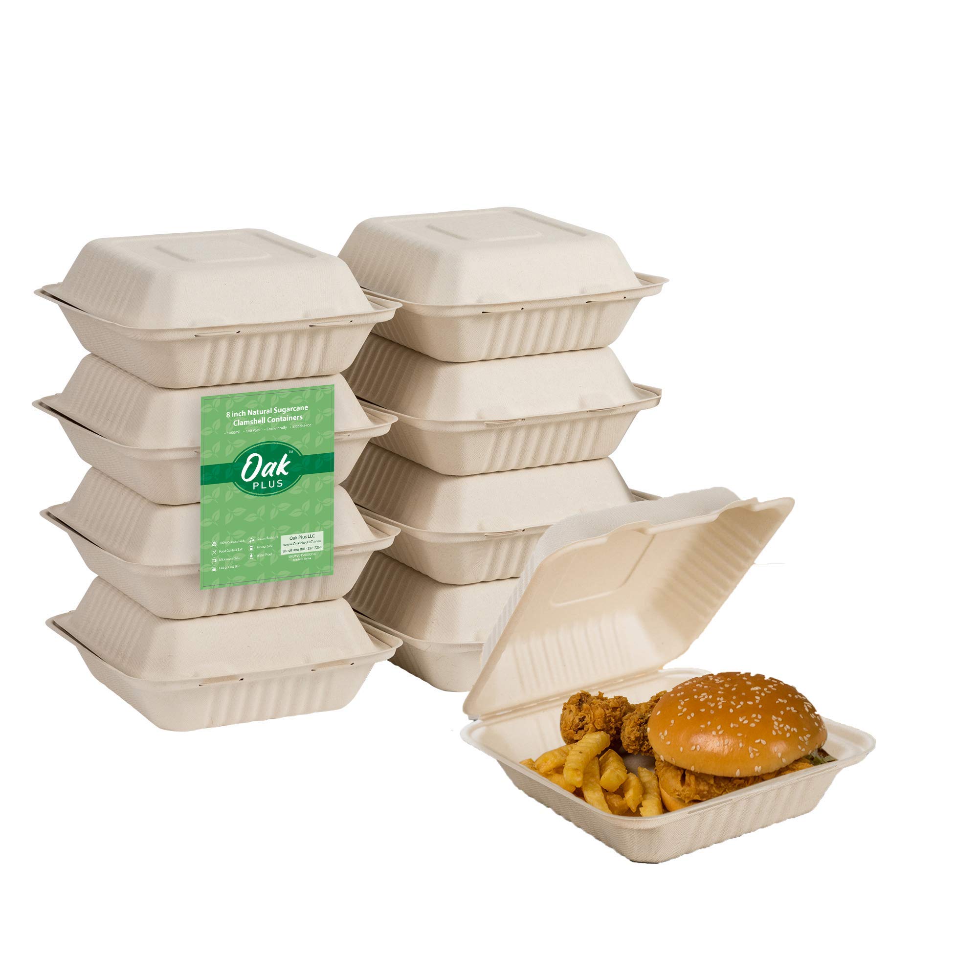 Glitzhome 8x8 Inch 300-Pack Compostable Clamshell Takeout Containers with Lids - Eco-Friendly Sugarcane Fiber Food Boxes, Microwave & Freezer Safe for Meal Prep, Restaurant To-Go Orders, Catering and Leftover Storage
