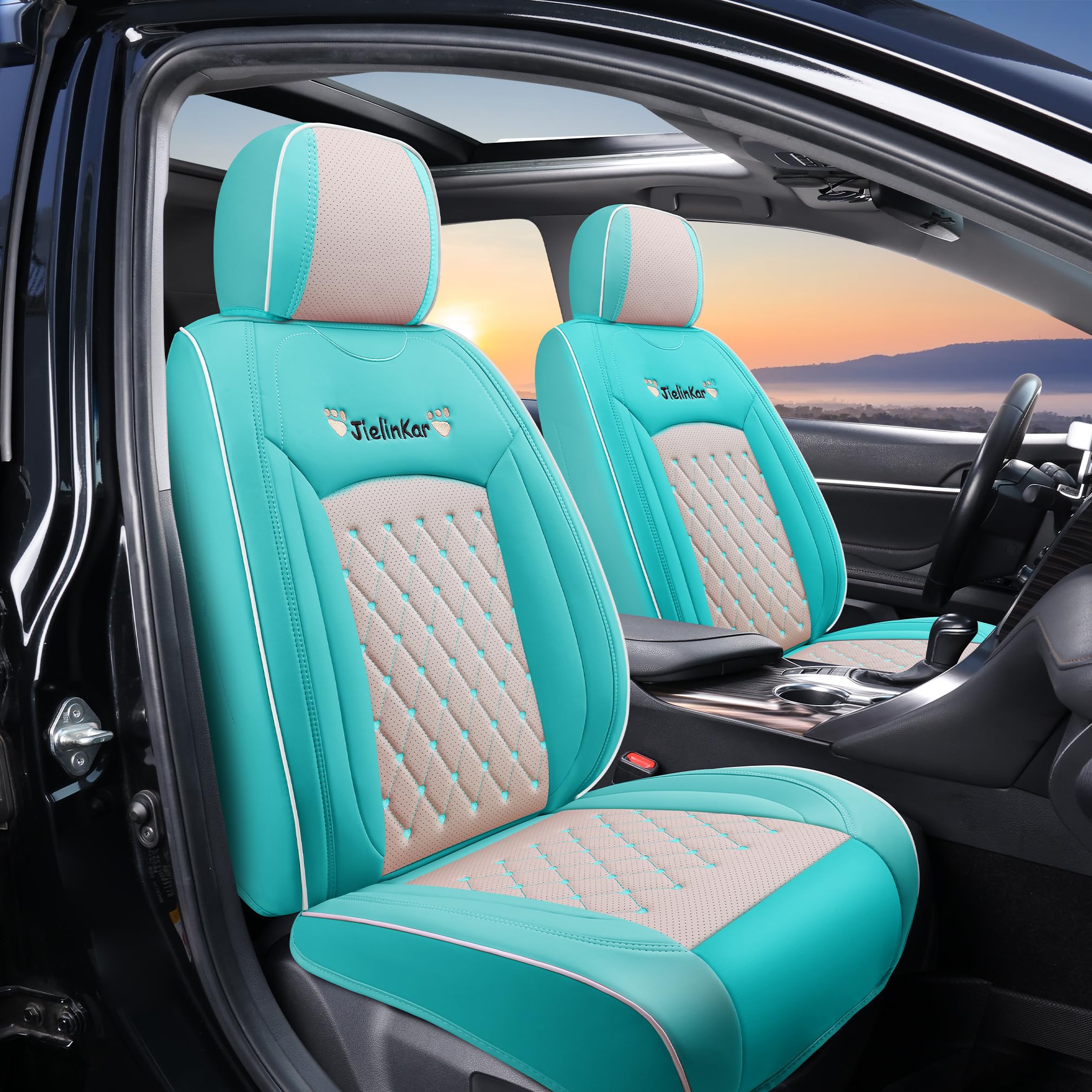 Universal Waterproof PU Leather Car Seat Covers Full Set - Premium Auto Interior Accessories for Cars, SUVs & Pickup Trucks (Green-Beige) | Perfect for Road Trips, Daily Commutes & Family Protection