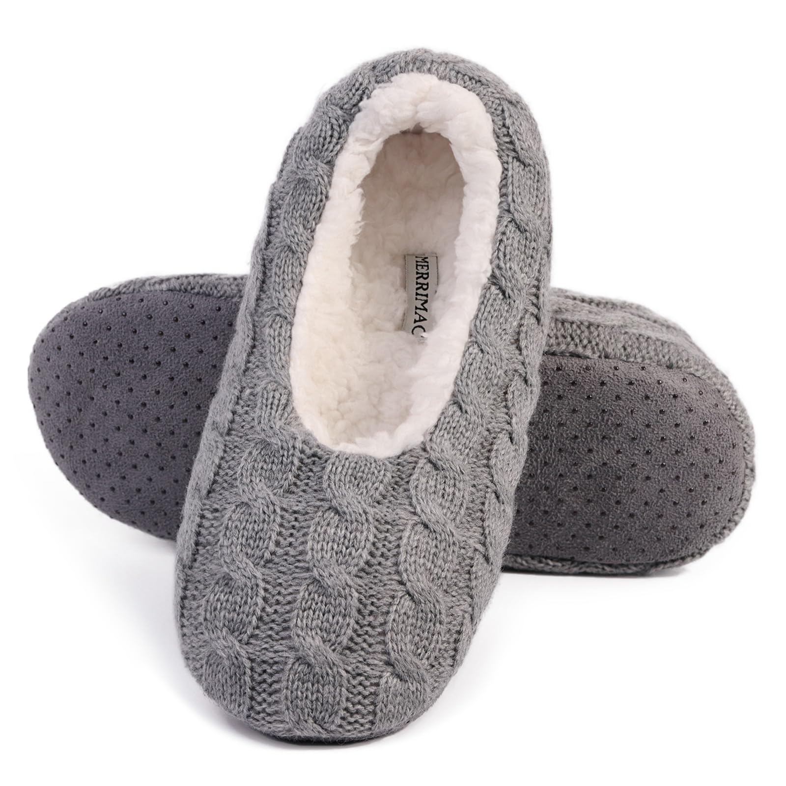 MERRIMAC Women's Cozy Fuzzy Cable Knit Slipper Socks with Non-Slip Grippers - Warm House Shoes for Winter Indoor & Outdoor Wear
