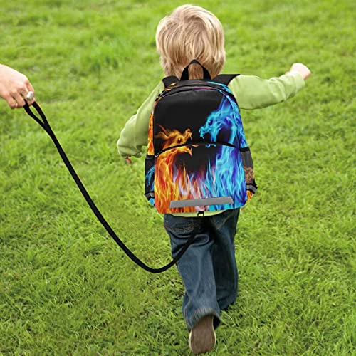 Fiery Dragons Toddler Backpack with Safety Leash - Blue & Red Kids School Bag for Boys & Girls | Preschool, Kindergarten, Travel & Nursery Essentials with Reflective Stripes & Chest Clip
