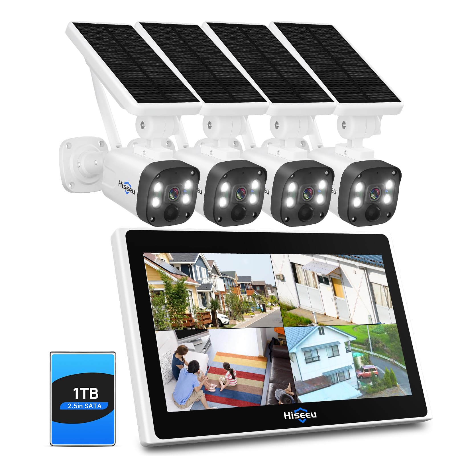 Hiseeu 1TB HDD 4MP Solar Security Camera System with Spotlight - 10CH Wireless Outdoor Bullet Cameras, 10 Inch LCD 4K NVR, Smart Human Detection, 2-Way Audio, Motion Recording - Ideal for Home & Business Surveillance