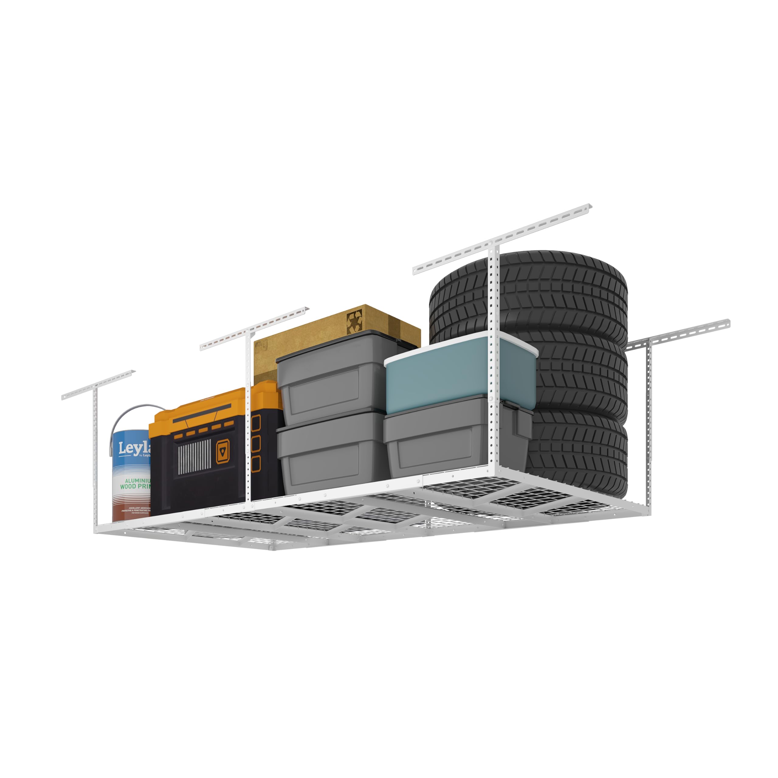 FLEXIMOUNTS Pro 4x8 Overhead Garage Storage Rack - Heavy Duty Adjustable Metal Ceiling Storage System, 800lbs Capacity, White - Perfect for Garage Organization, Seasonal Decor & Sports Equipment Storage