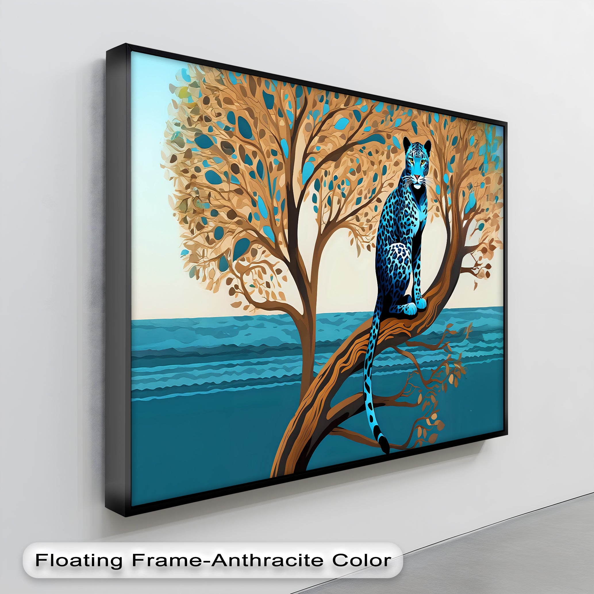 Blue Leopard in Tranquil Tree - Modern Jungle Animal Canvas Wall Art Print for Living Room, Bedroom & Office Decor