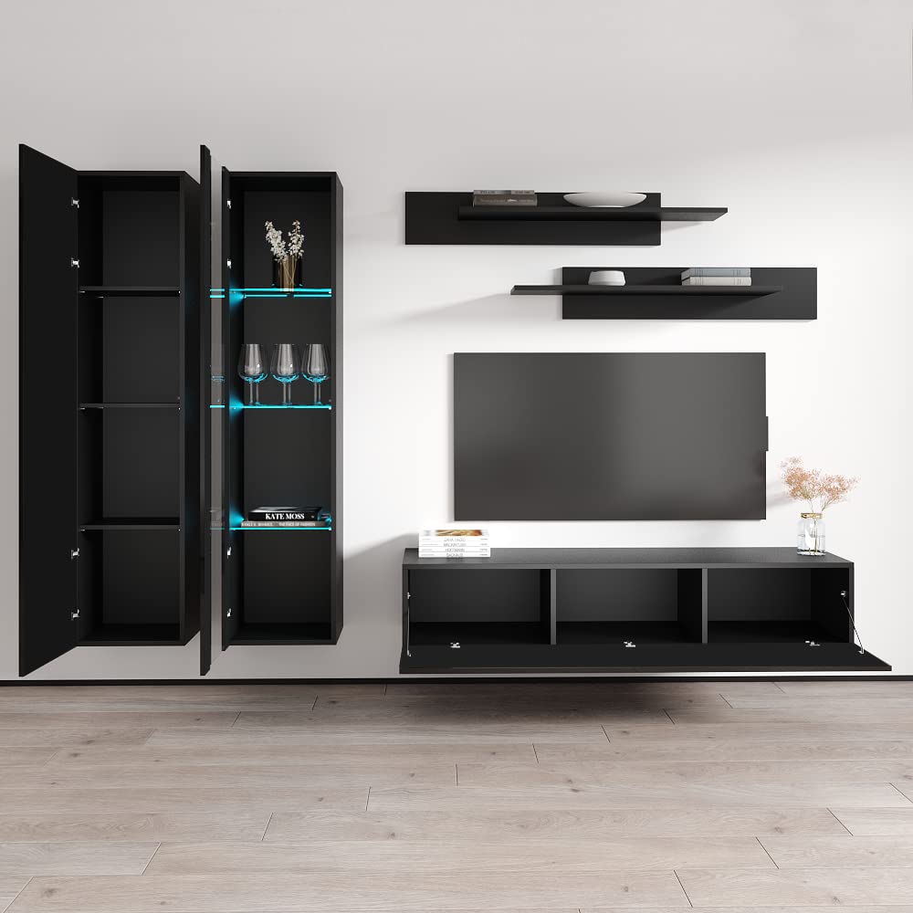 Modern Floating TV Stand with Storage & LED Lights - Wall-Mounted Entertainment Center for Bedroom & Living Room - A4 30TV Console with Shelves - Black - Perfect for Small Spaces & Home Theater Setup