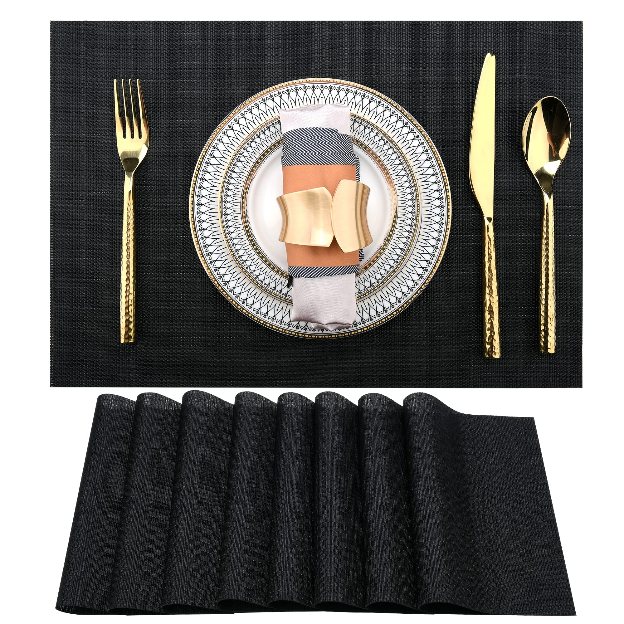 Premium Black Placemats Set of 8 - Waterproof & Heat-Resistant PVC Table Mats for Kitchen & Dining - Easy Clean Washable Vinyl Placemats for Everyday Meals, Dinner Parties & Holiday Gatherings (Pure Black, 8-Pack)
