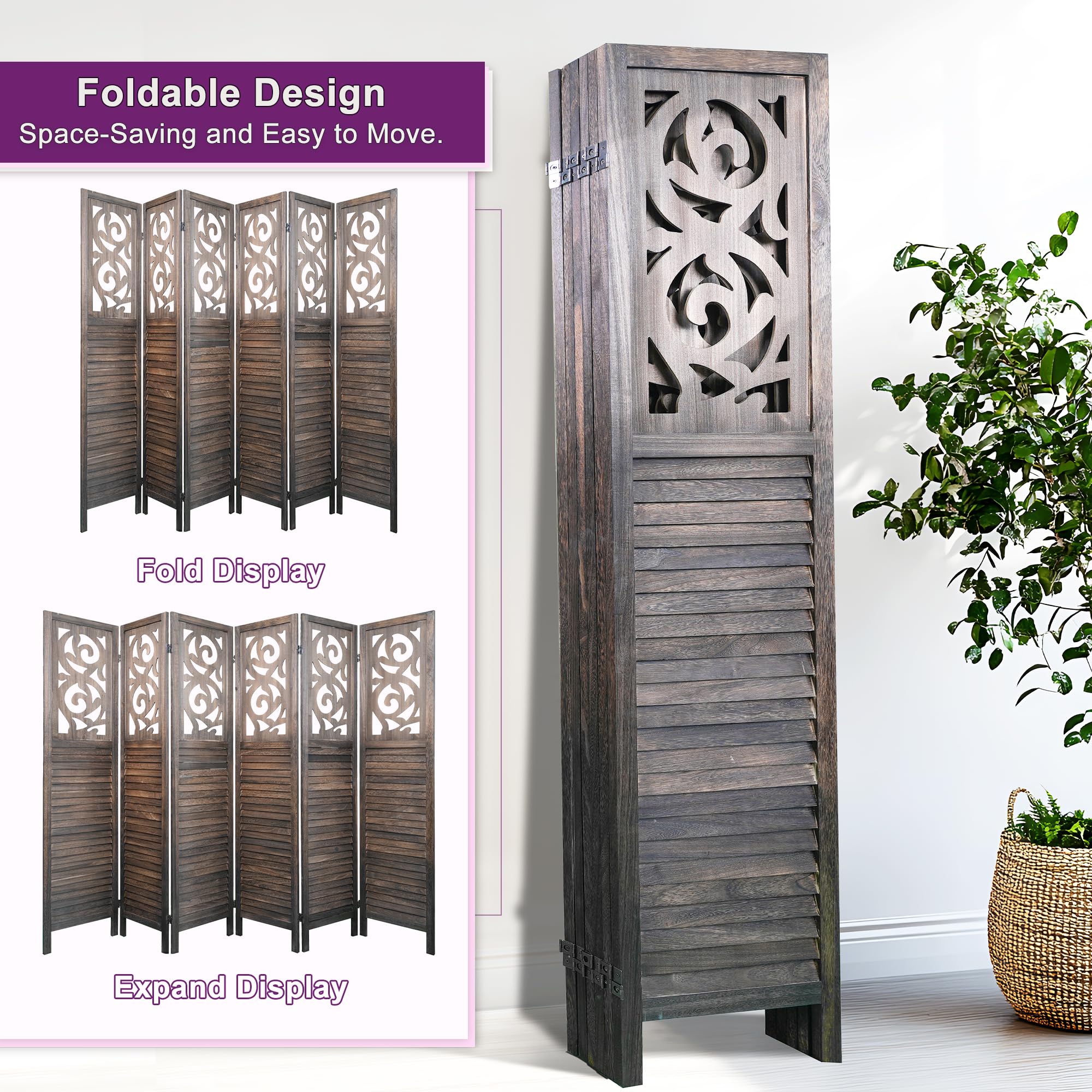 5.6FT Folding Wood Room Divider Panel - 6 Panel Rustic Brown Partition Screen for Bedroom, Office & Living Room Separation - Handcrafted Wooden Room Divider for Privacy & Home Decor
