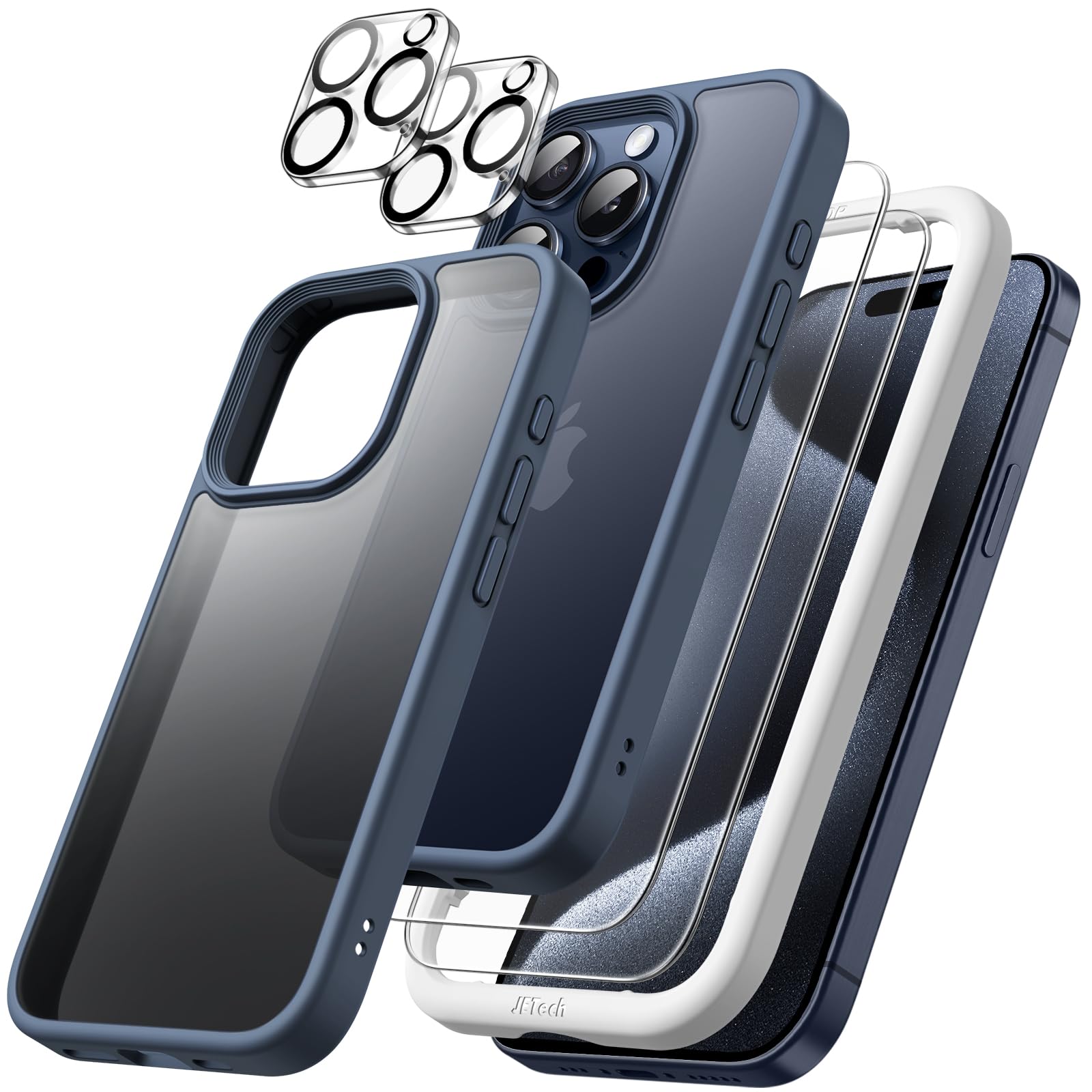 JETech 5-in-1 Matte Shockproof Case for iPhone 15 Pro (6.1-Inch) with 2-Pack Tempered Glass Screen Protector & Camera Lens Protector - Translucent Back Storm Blue Cover | Perfect for Daily Use, Travel & Outdoor Activities