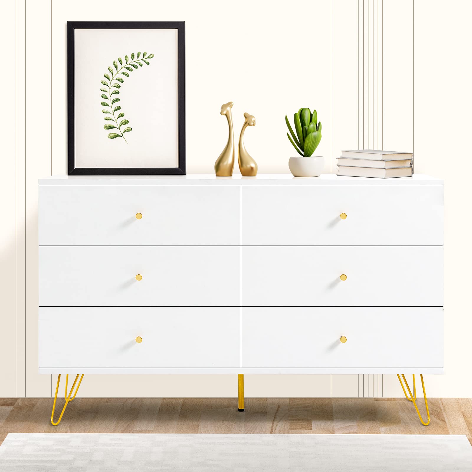 REHOOPEX White 6-Drawer Modern Dresser for Bedroom - Gold Legs Storage Chest for Clothes, Accessories | Perfect for Closet Organization, Entryway Decor, Hallway & Living Room Furniture (White)