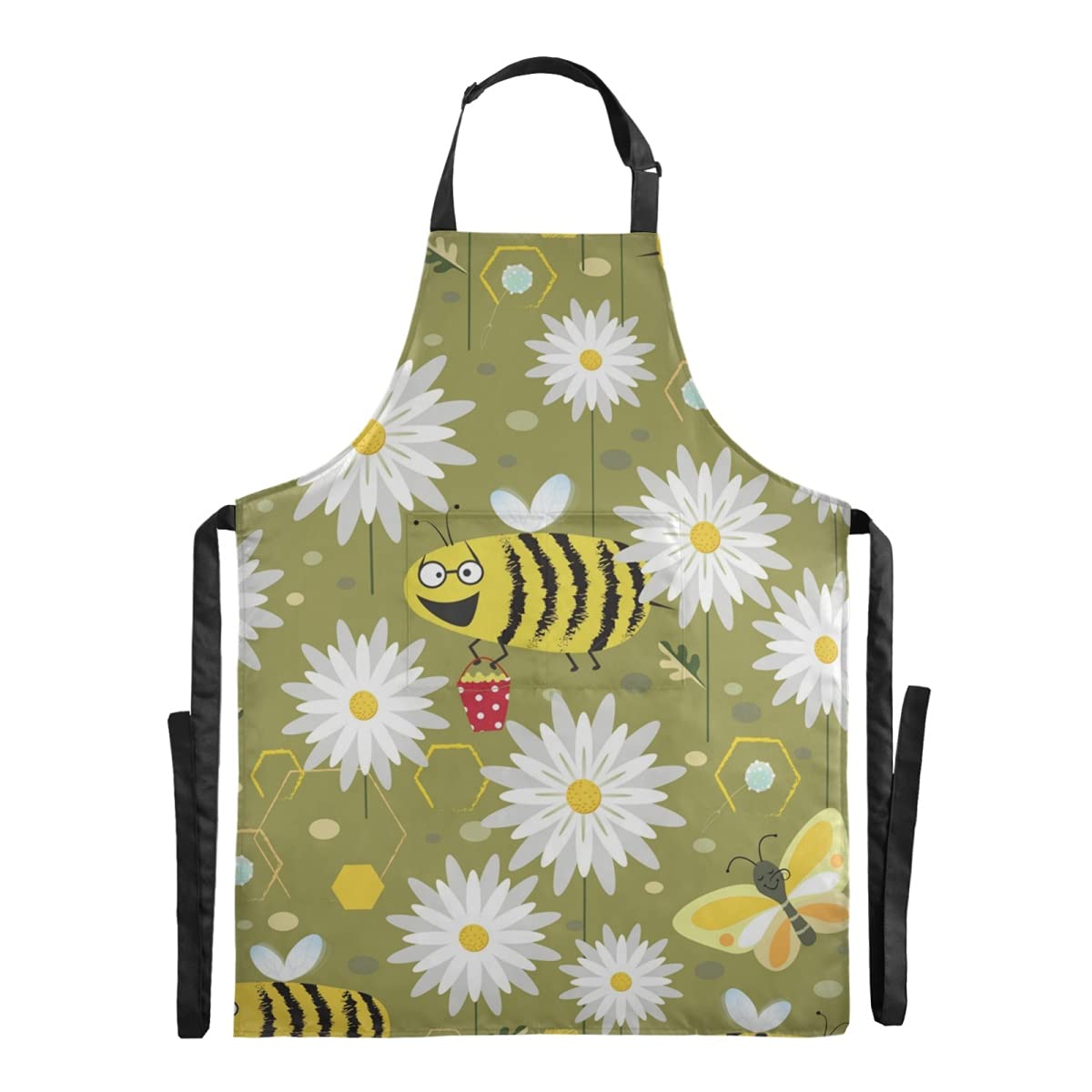 Waterproof Funny Bees Butterflies Daisy Bib Apron for Restaurant, Salon, Cafe & Kitchen - Adjustable Straps with Large Pocket for Adults & Stepdads - Perfect for Cooking, Baking, Gardening & DIY Crafts