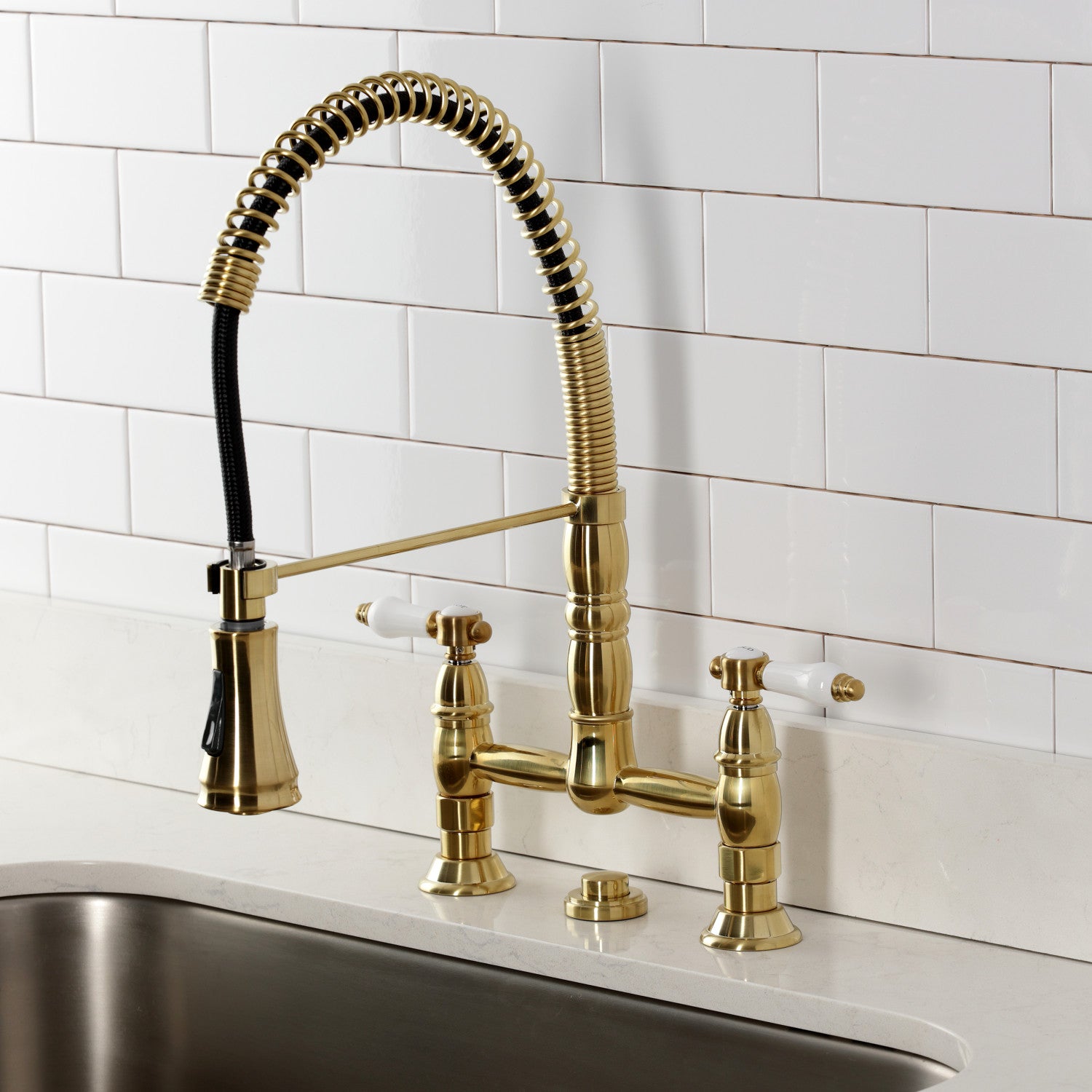 Bel Air GS1277BPL Brushed Brass Double Handle 2-Hole Deck Mount Pre-Rinse Bridge Kitchen Faucet - Perfect for Commercial & Residential Kitchens, Restaurants, and Food Prep Areas