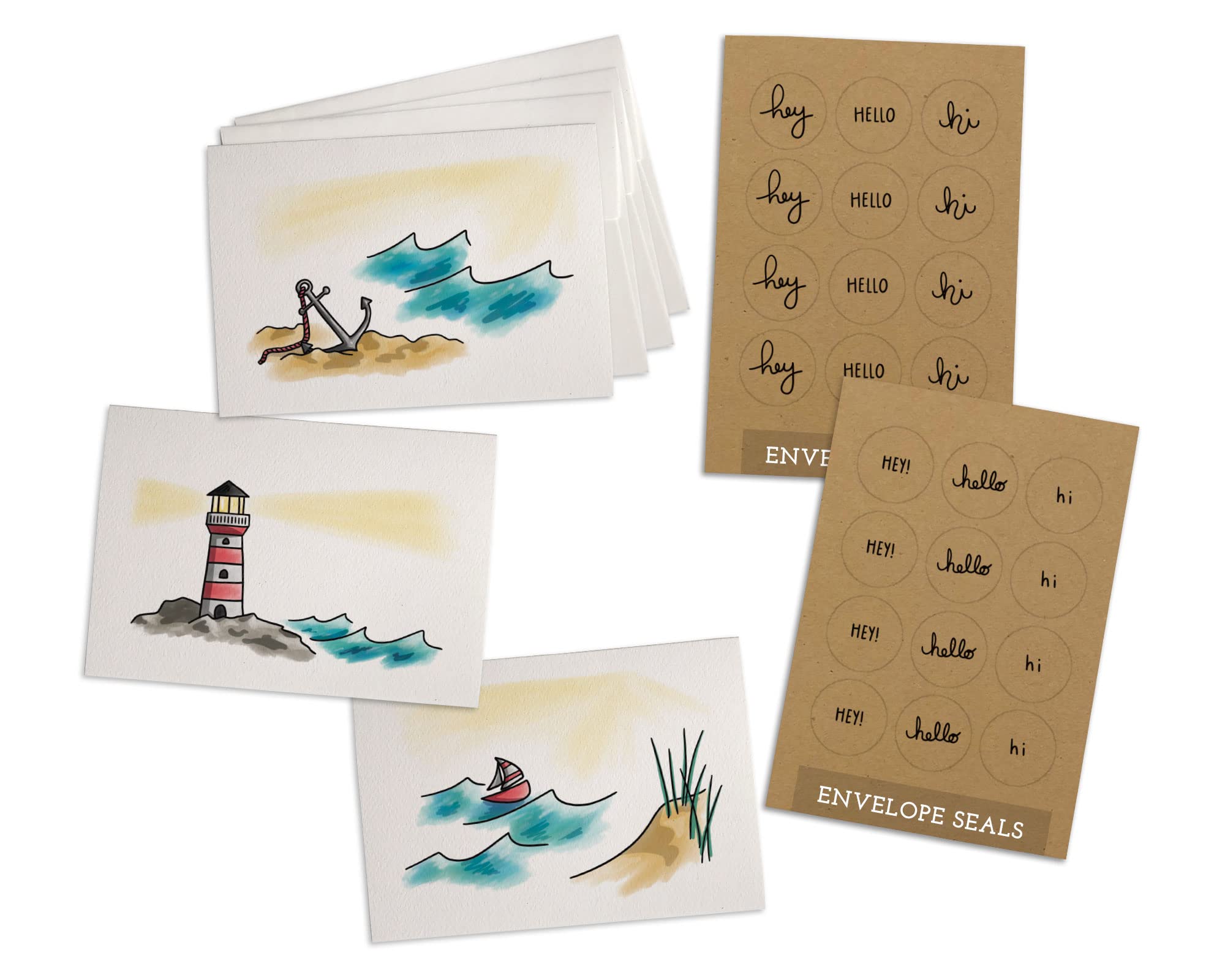 Sugartown Greetings Coastal Note Cards Set - 24 Nautical Themed Blank Cards with Envelopes & Kraft Sticker Seals - Ocean Inspired Stationery for Beach Thank You Notes, Birthday Wishes, and Thinking of You Cards - Perfect for Beach Weddings, Vacation Thank Yous, and Seaside Gift Packaging