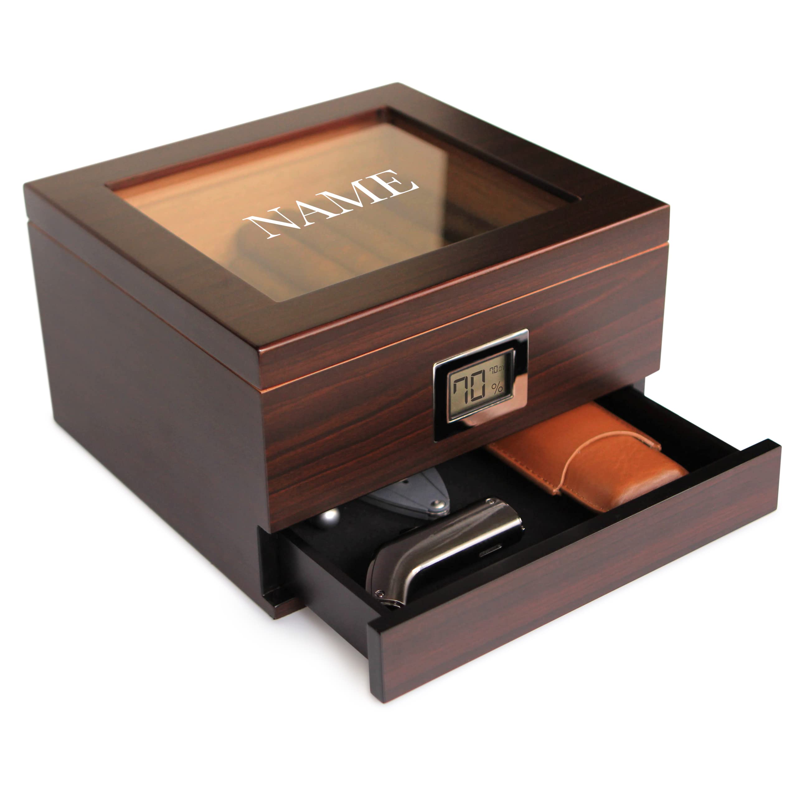 Premium Monogrammed Glass Top Humidor with Thick Cedar Lining | Easy Humidification System & Digital Hygrometer | Luxury Cigar Storage Case | Perfect for Home, Office, or Gifts (Renzo, Brown)