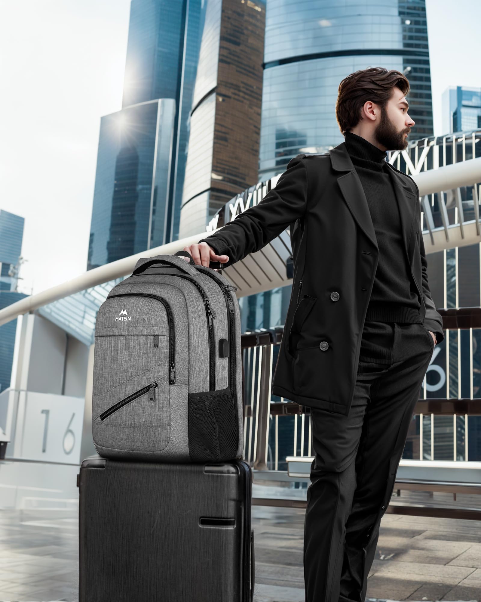 Matein 17 Inch Travel Laptop Backpack - TSA Approved Business Carry On Backpack with USB Charging Port & Trolley Sleeve, Durable College School Book Bag for Men & Women (Grey) - Perfect for Air Travel, Commuting & Campus Life
