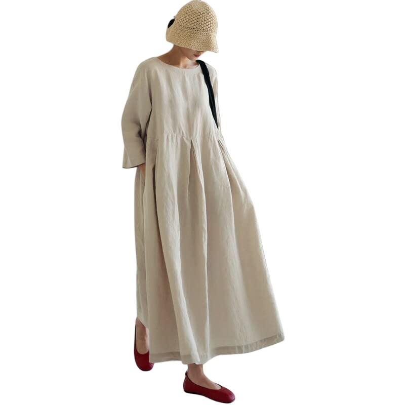 100% Organic Cotton Linen Maxi Dress for Women - Boho Loose Summer Shirt Dress in White | Sustainable Casual Clothing | Perfect for Beach Vacations, Outdoor Picnics & Boho Fashion Styles (Size M)